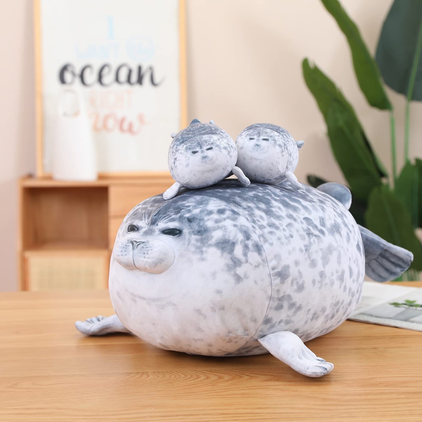 SQEQE Chubby Seal Pillow Plush with 4 Baby Seals in Her Tummy – 5-in-1 Cozy Stuffed Animal Gift