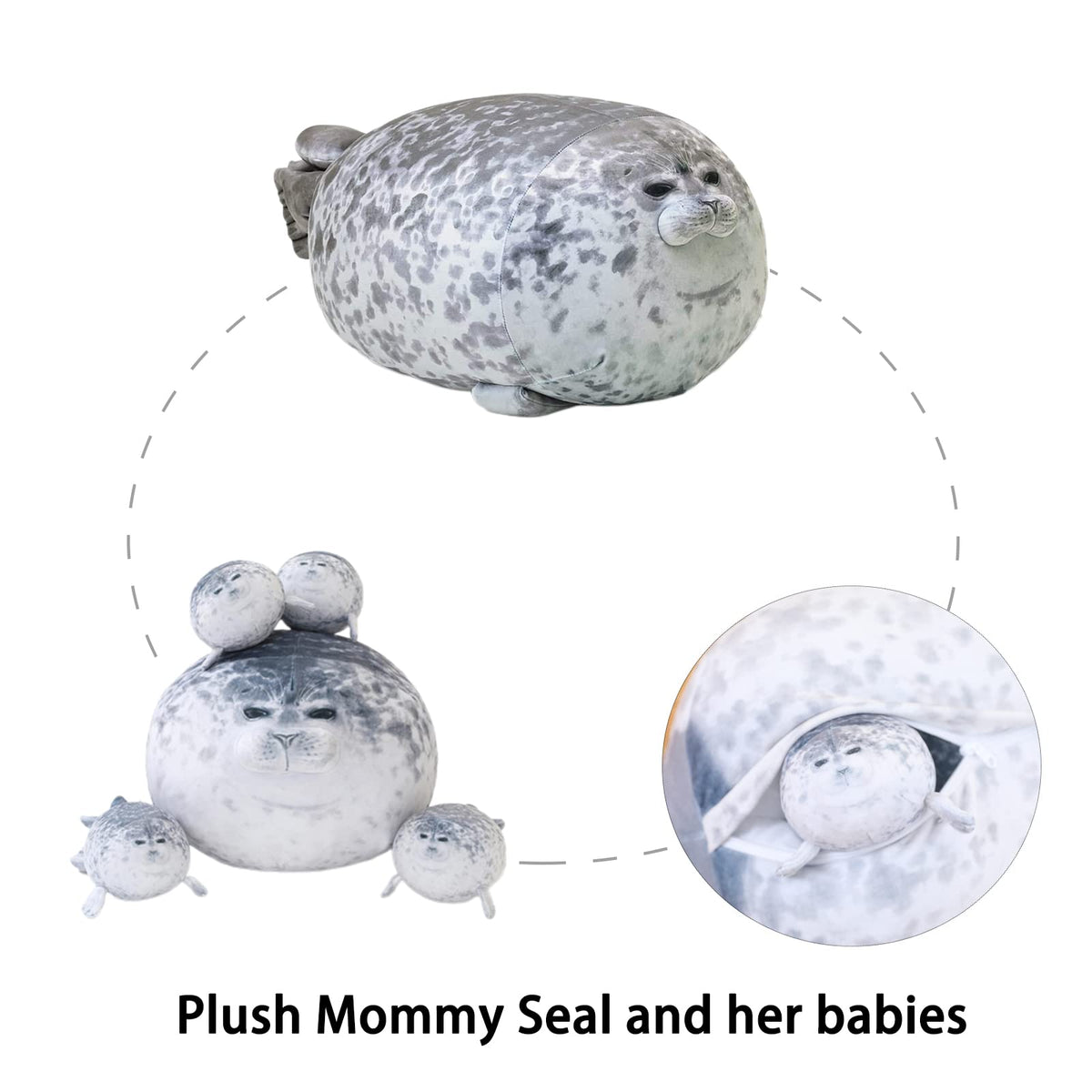 SQEQE Chubby Seal Pillow Plush with 4 Baby Seals in Her Tummy – 5-in-1 Cozy Stuffed Animal Gift