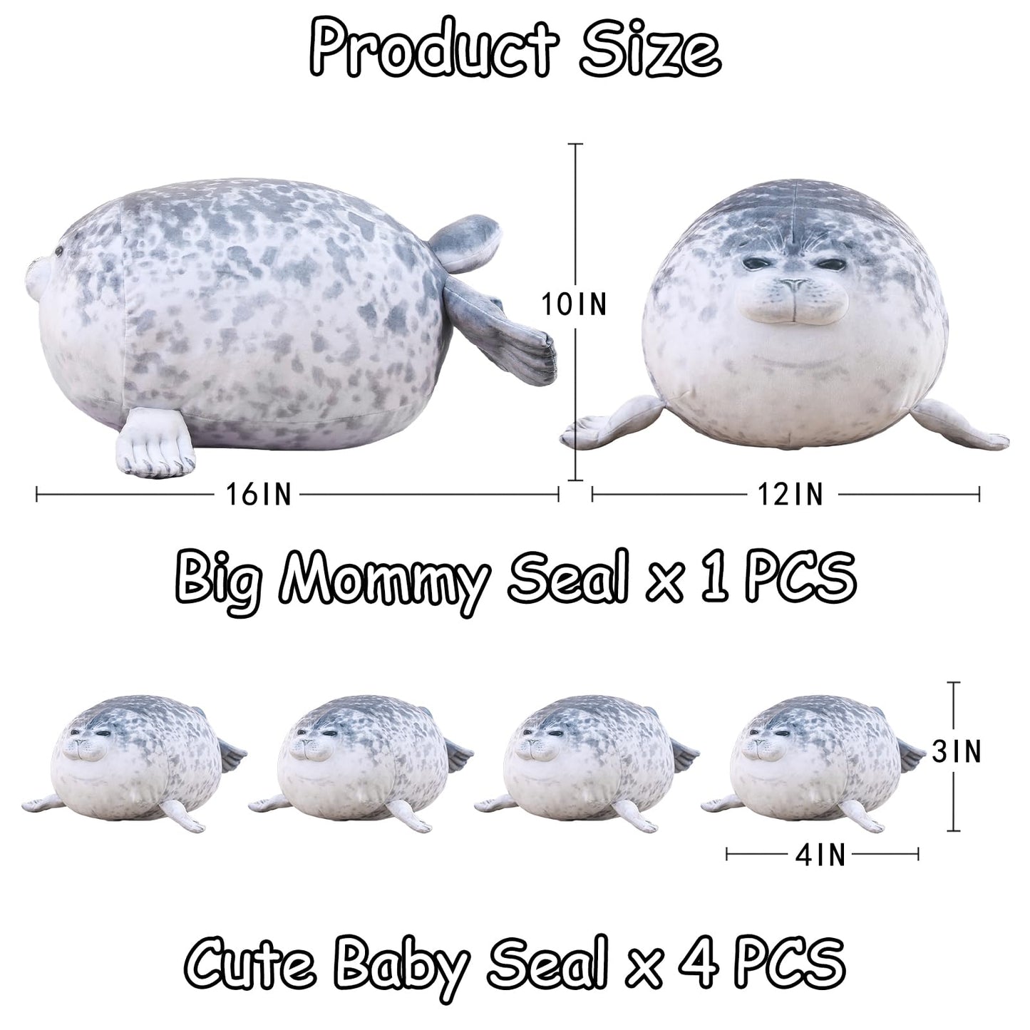 SQEQE Chubby Seal Pillow Plush with 4 Baby Seals in Her Tummy – 5-in-1 Cozy Stuffed Animal Gift