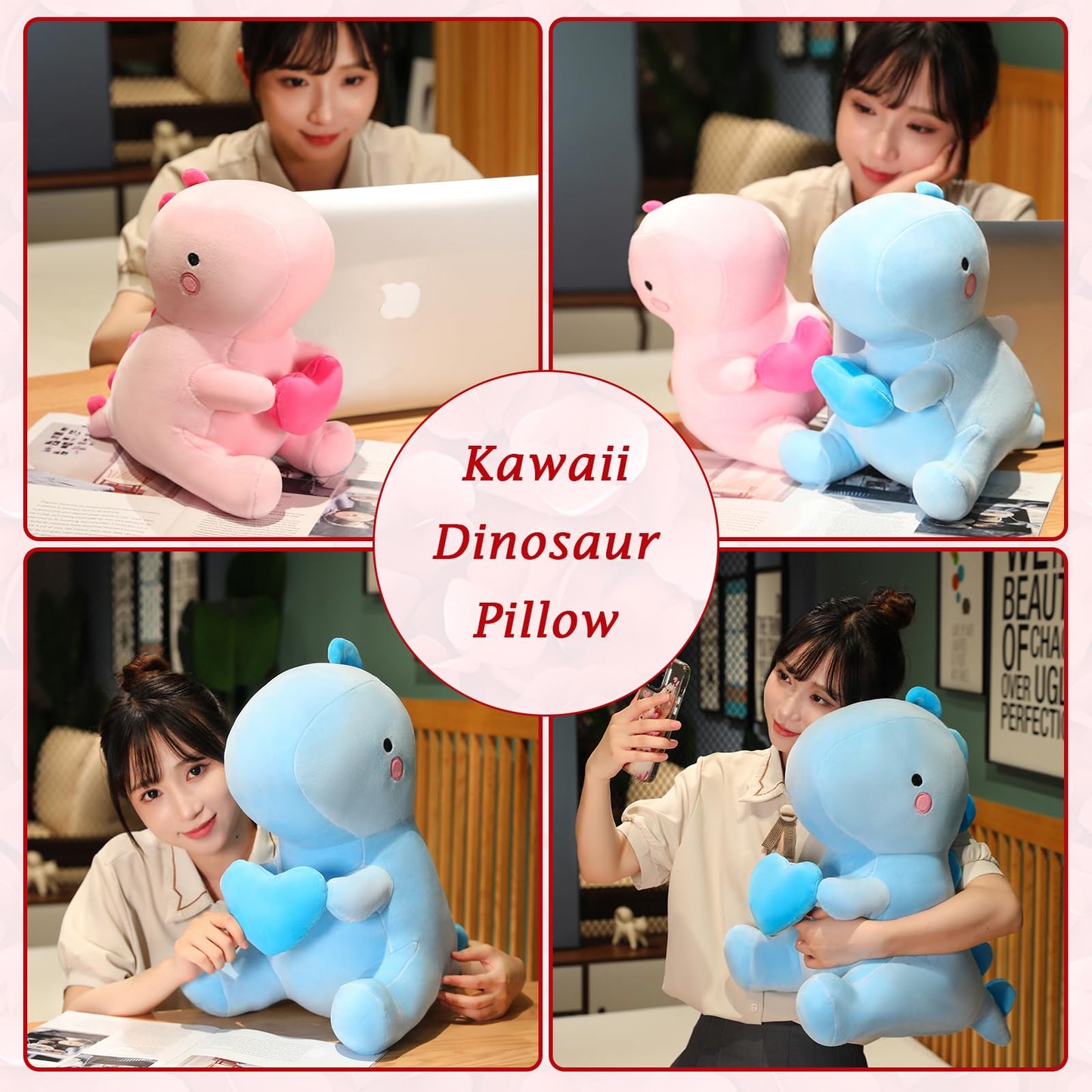 SQEQE Dinosaur Stuffed Animal with Heart — Pink Plush Dino, 12 inch, Gift for Her