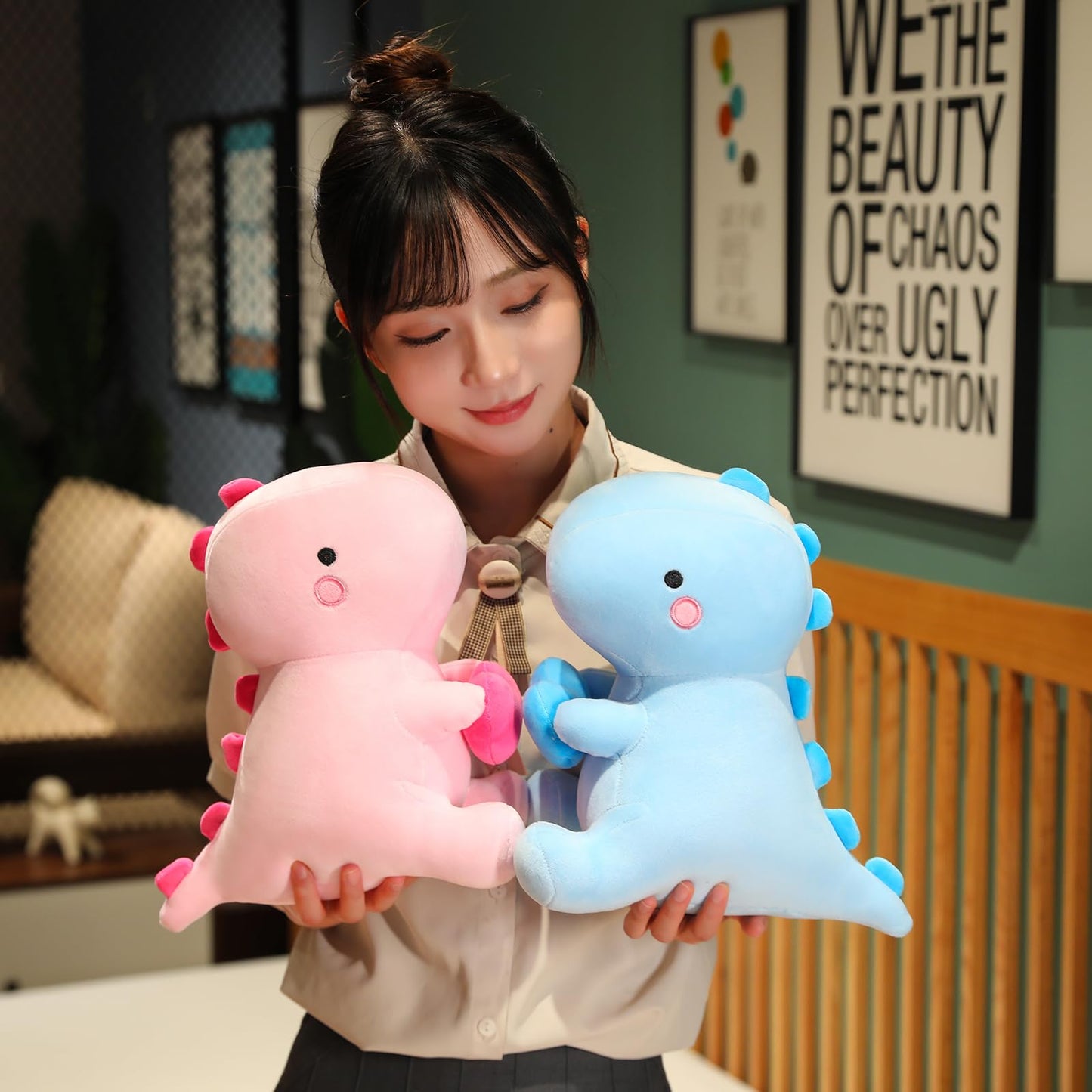 SQEQE Dinosaur Stuffed Animal with Heart — Pink Plush Dino, 12 inch, Gift for Her