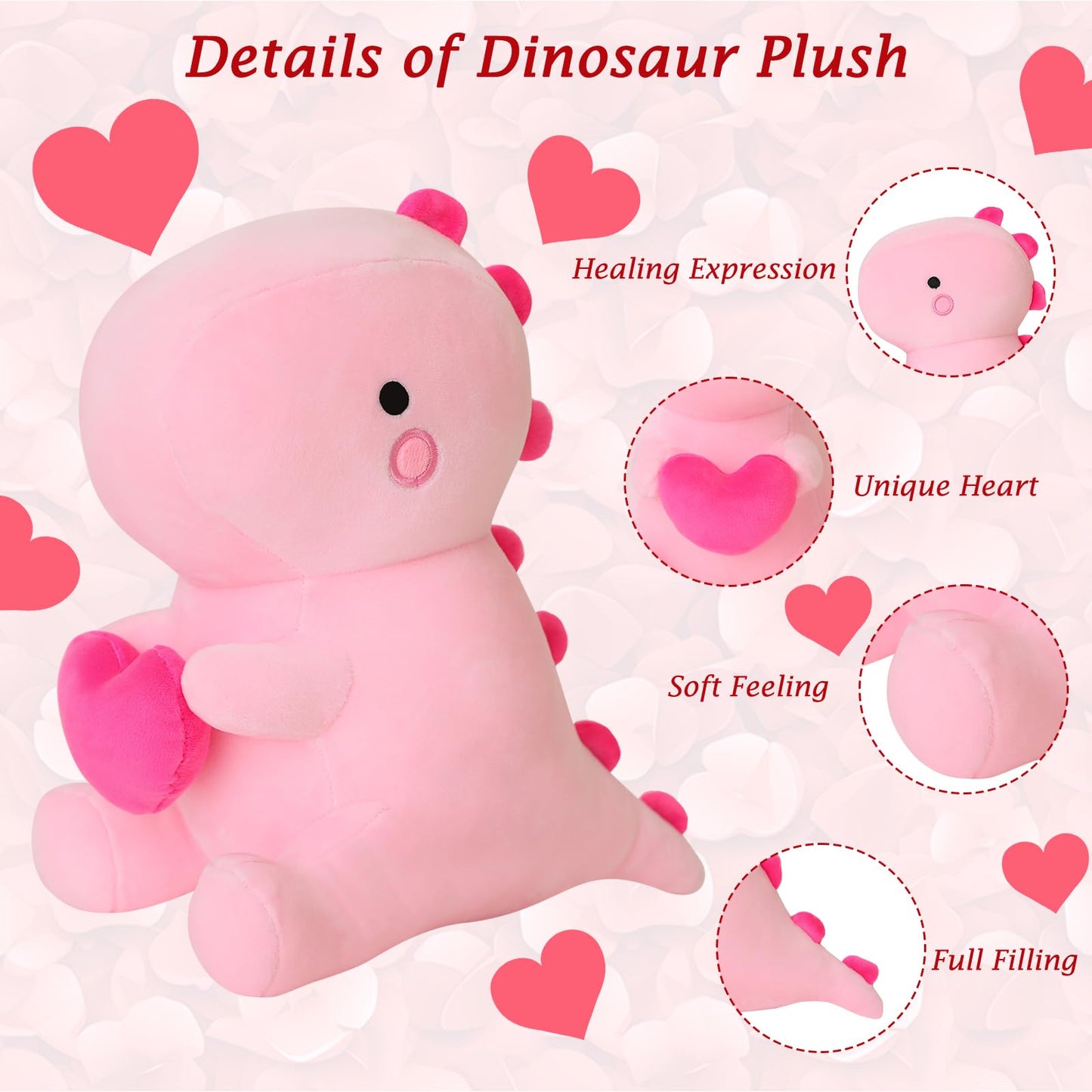 SQEQE Dinosaur Stuffed Animal with Heart — Pink Plush Dino, 12 inch, Gift for Her