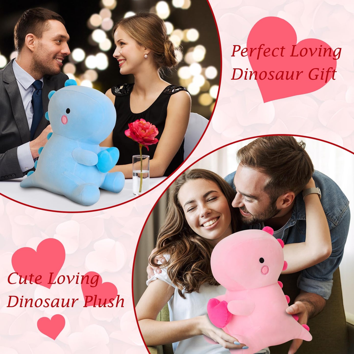 SQEQE Dinosaur Stuffed Animal with Heart — Pink Plush Dino, 12 inch, Gift for Her