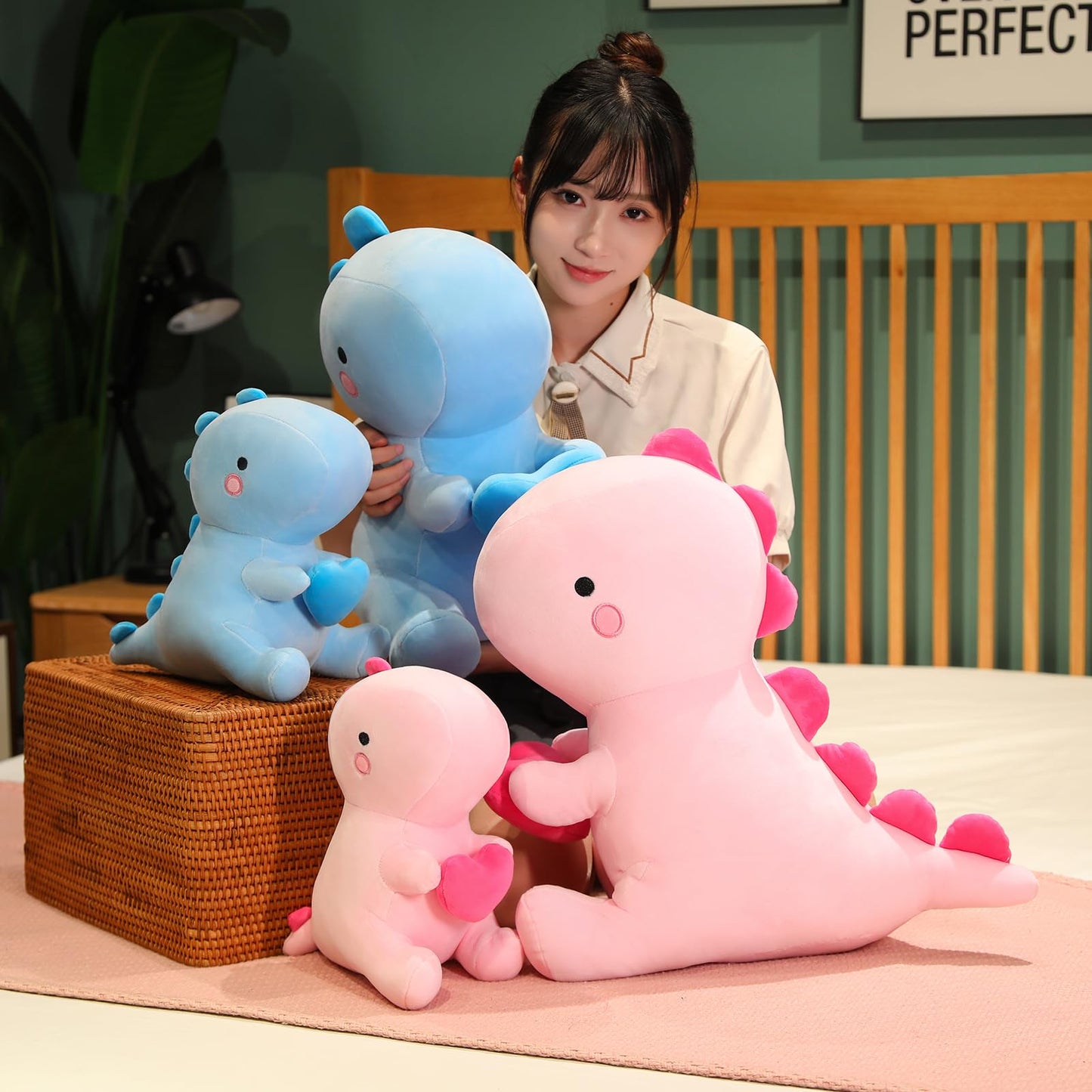 SQEQE Dinosaur Stuffed Animal with Heart — Pink Plush Dino, 12 inch, Gift for Her