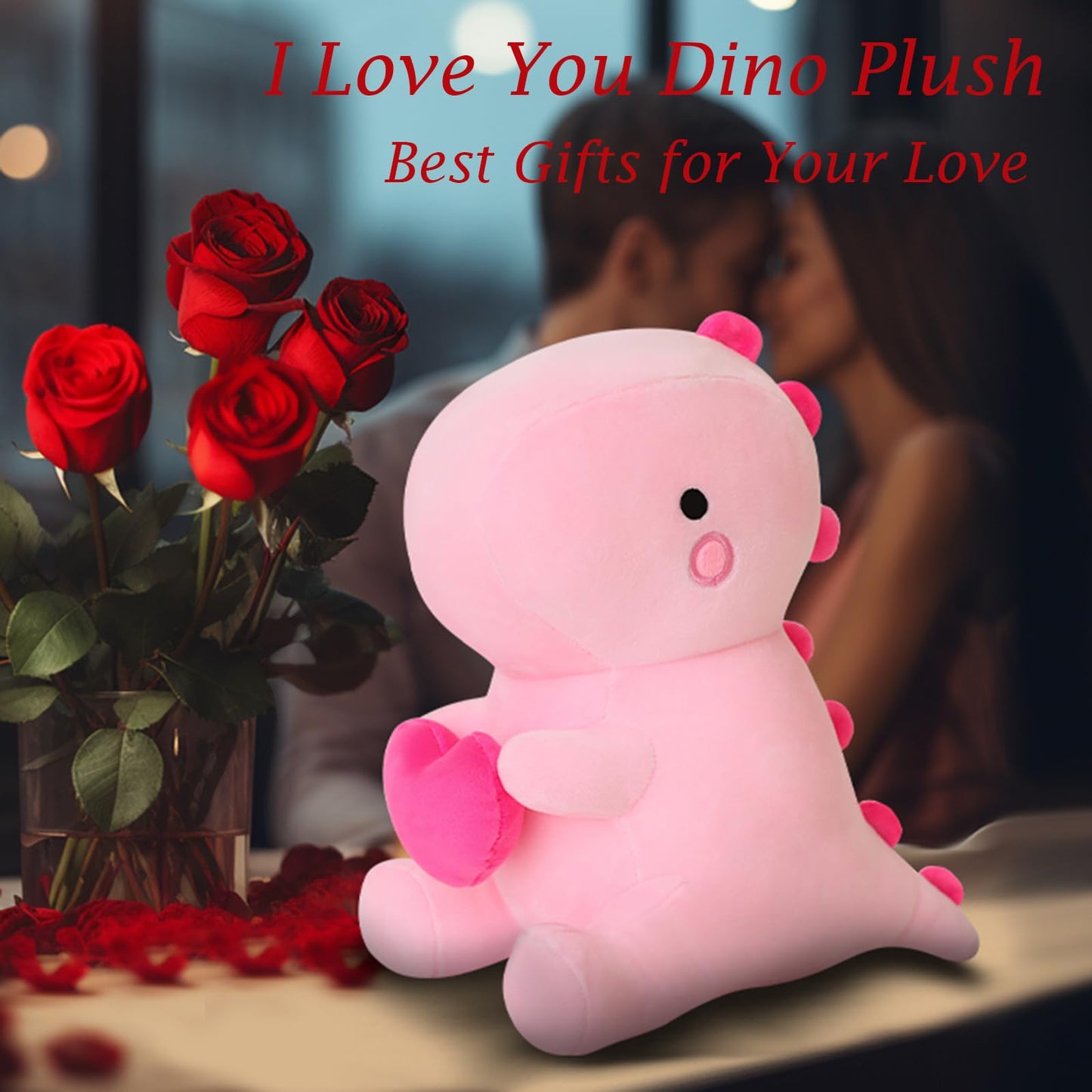 SQEQE Dinosaur Stuffed Animal with Heart — Pink Plush Dino, 12 inch, Gift for Her