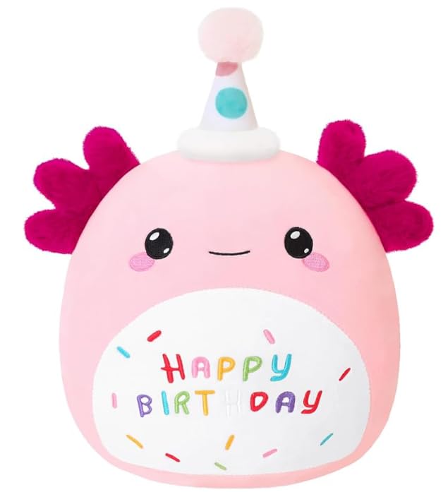 SQEQE Happy Birthday Axolotl Plush – 14-Inch Pink Birthday Gift & Decor