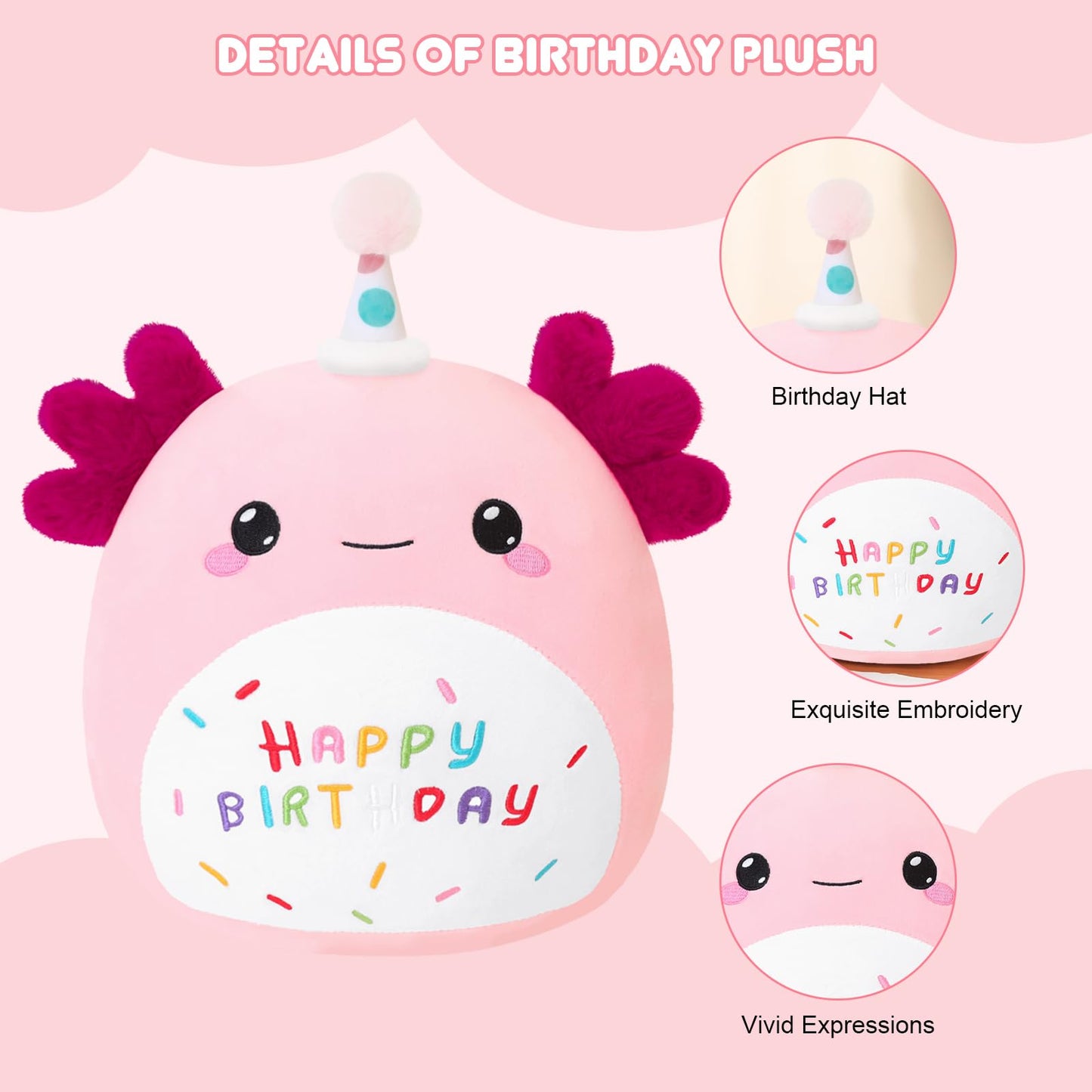 SQEQE Happy Birthday Axolotl Plush – 14-Inch Pink Birthday Gift & Decor