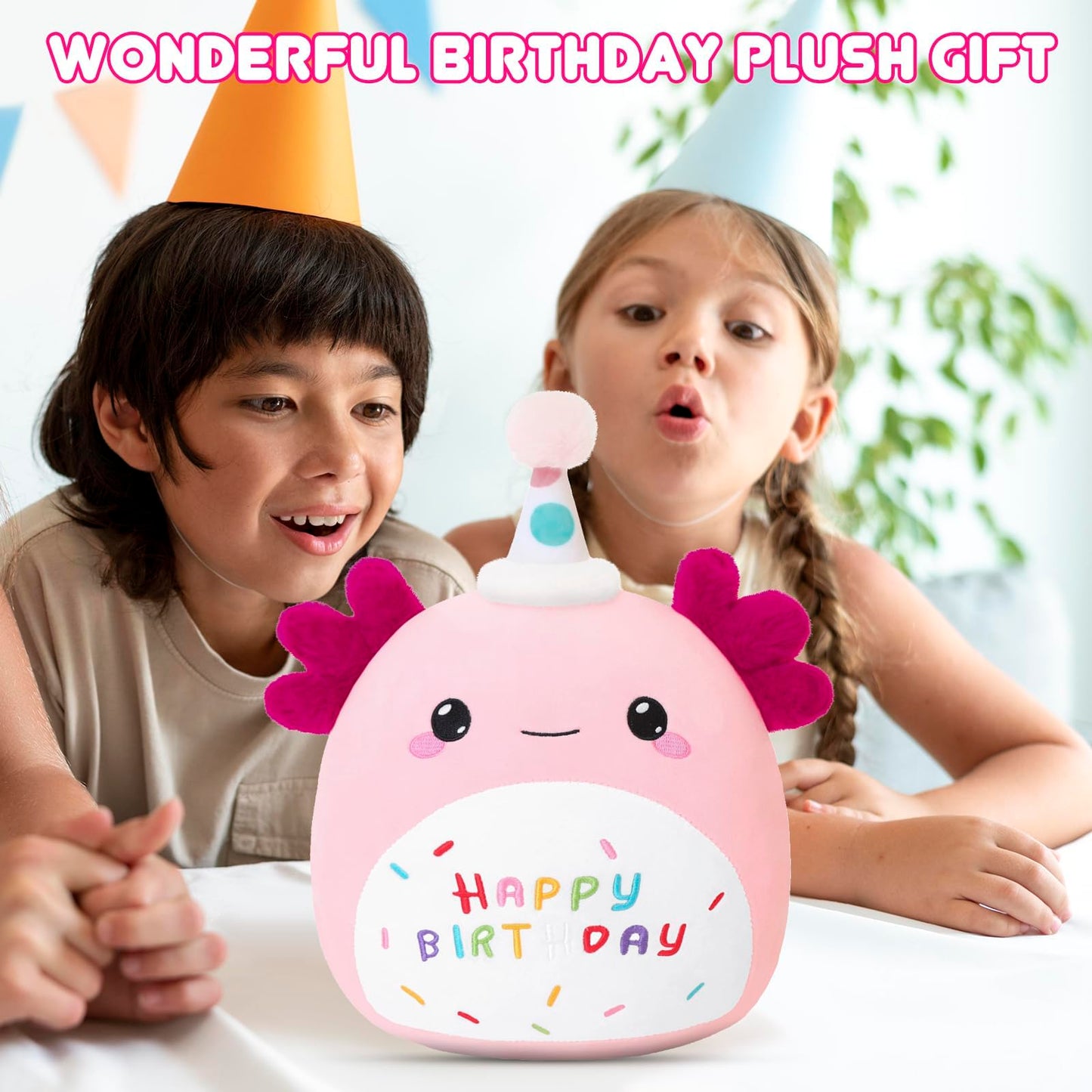 SQEQE Happy Birthday Axolotl Plush – 14-Inch Pink Birthday Gift & Decor