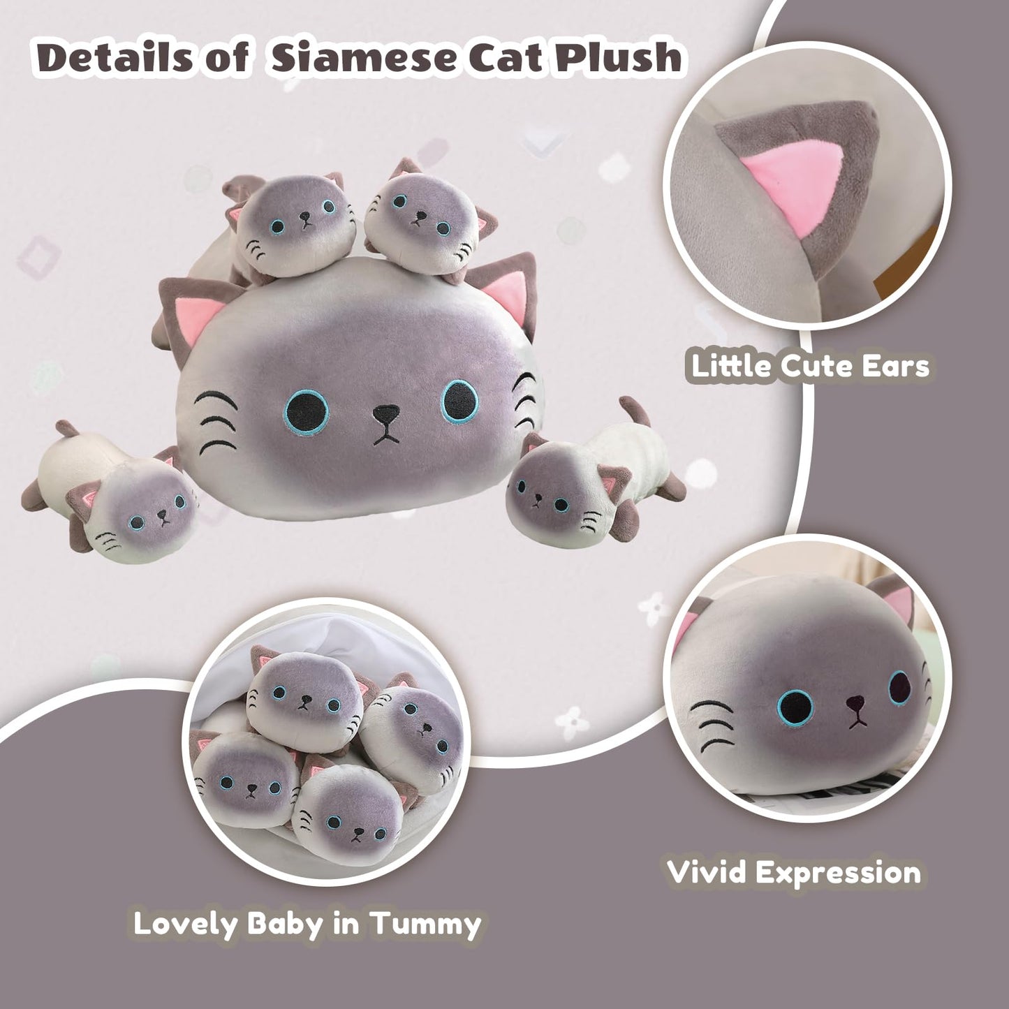 SQEQE Siamese Cat Plush 5-in-1 with 4 Babies — Soft Stuffed Animal Gift