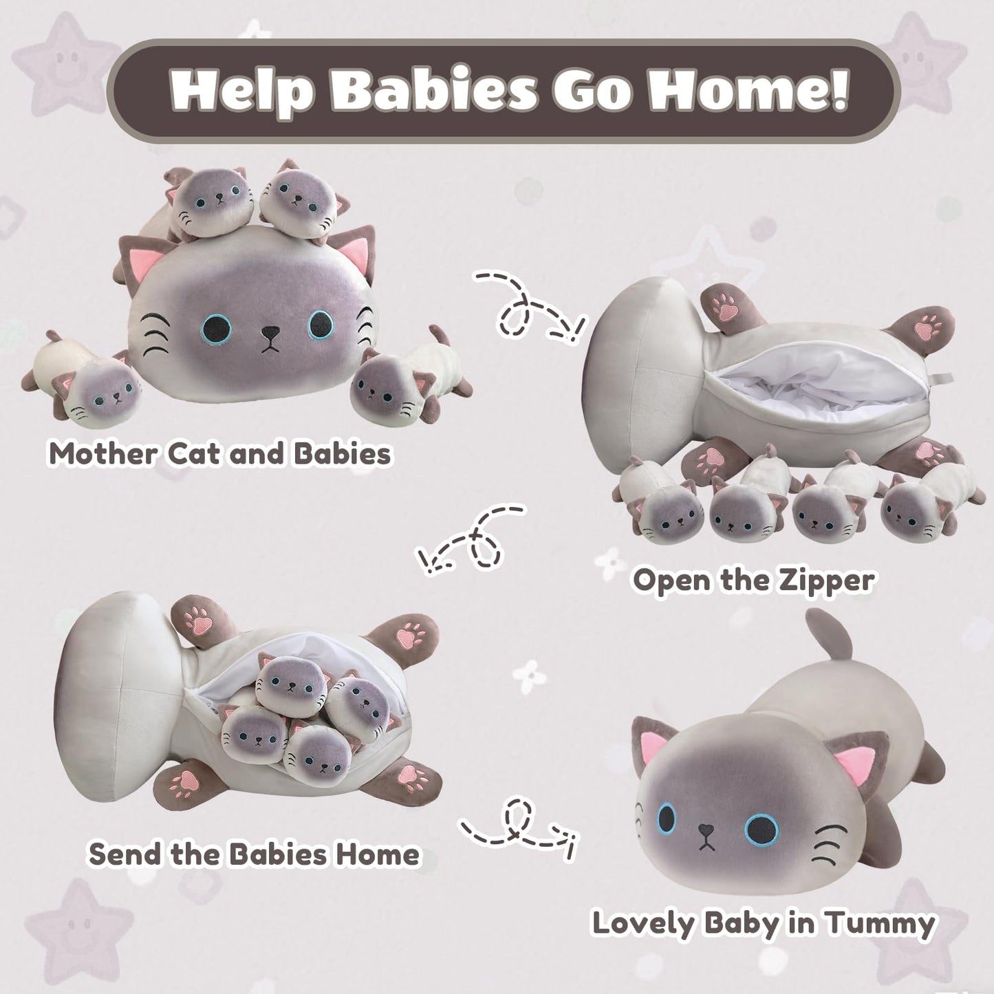 SQEQE Siamese Cat Plush 5-in-1 with 4 Babies — Soft Stuffed Animal Gift