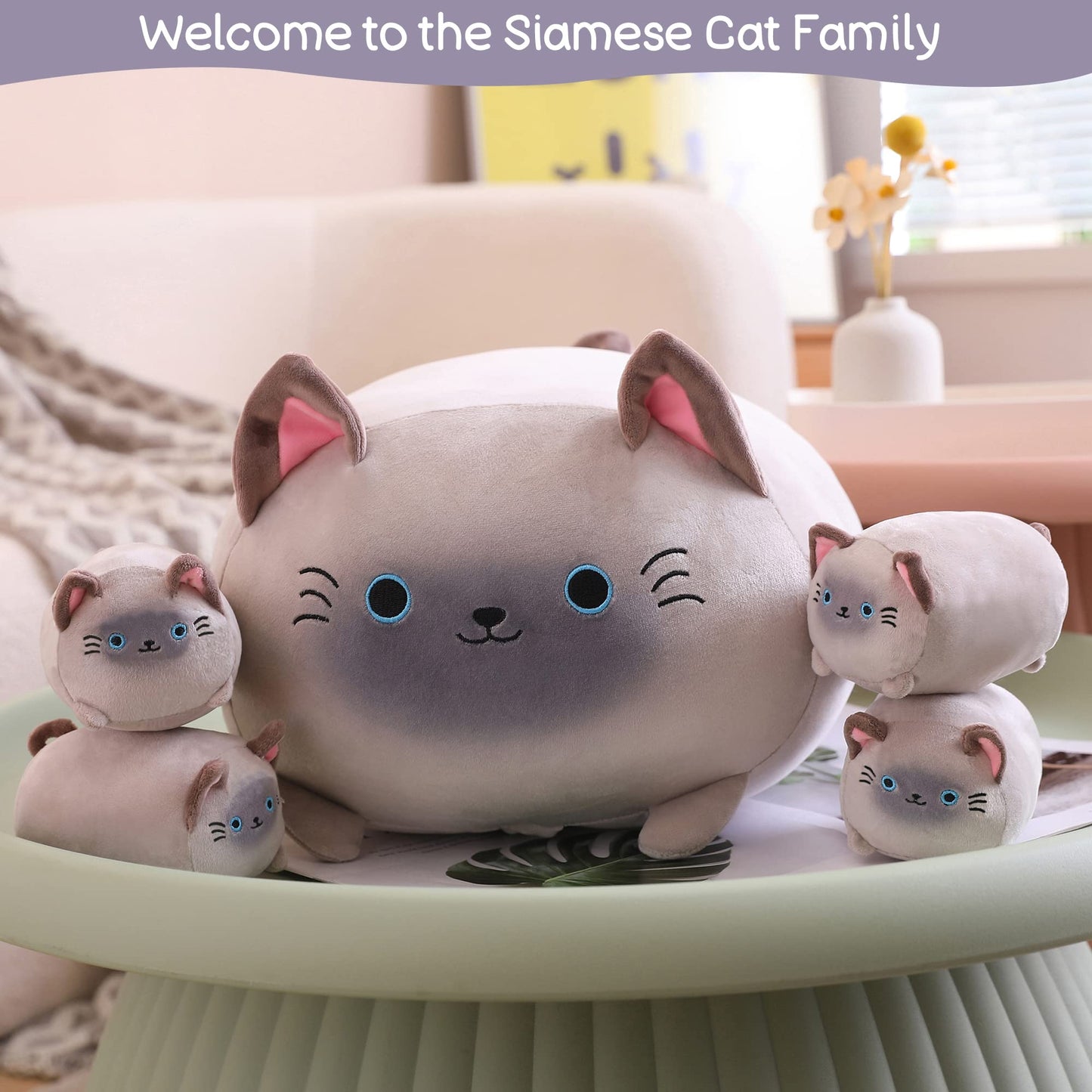 SQEQE Siamese Cat Plush – Mommy with 4 Kittens, Soft Plush Pillow Gift for Kids