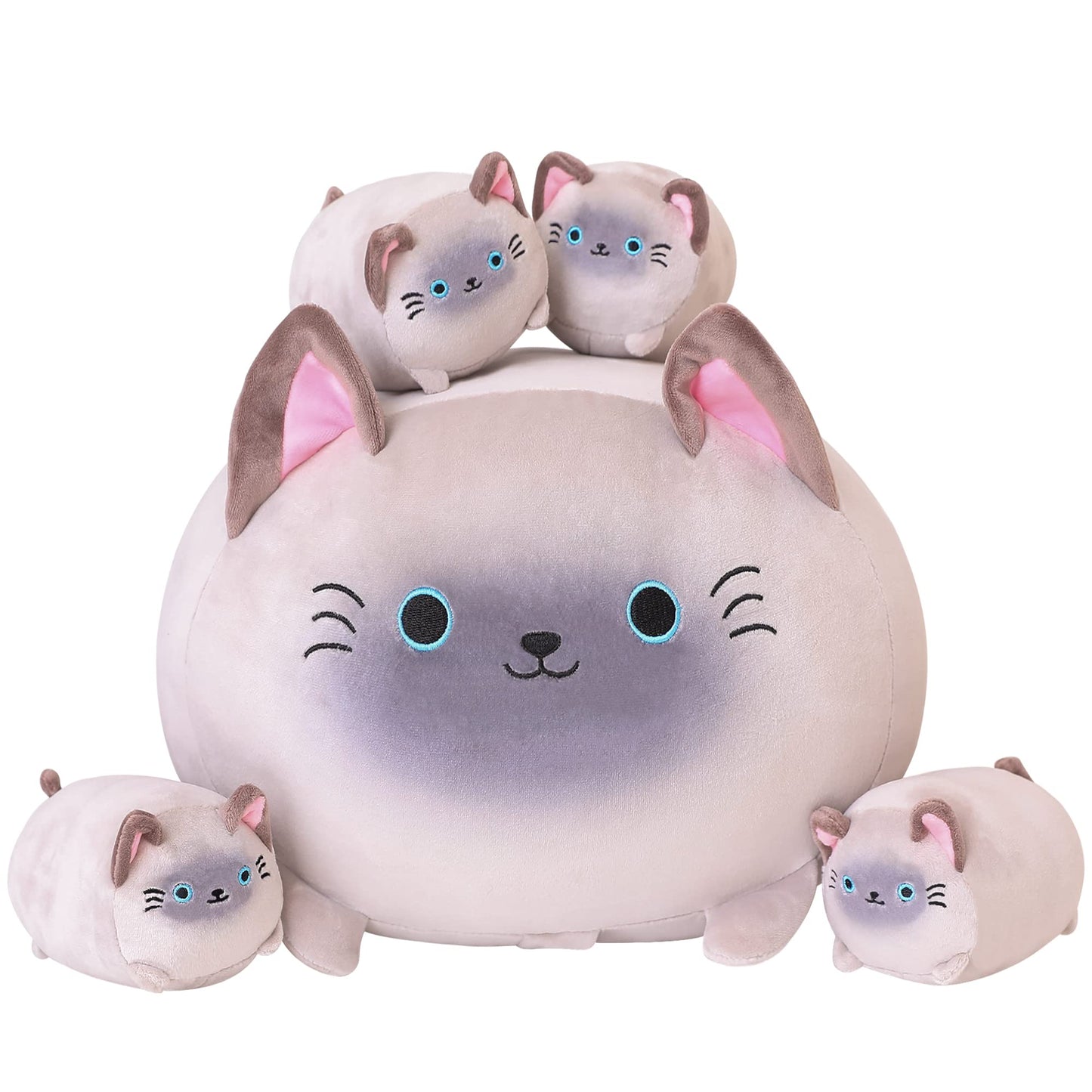 SQEQE Siamese Cat Plush – Mommy with 4 Kittens, Soft Plush Pillow Gift for Kids