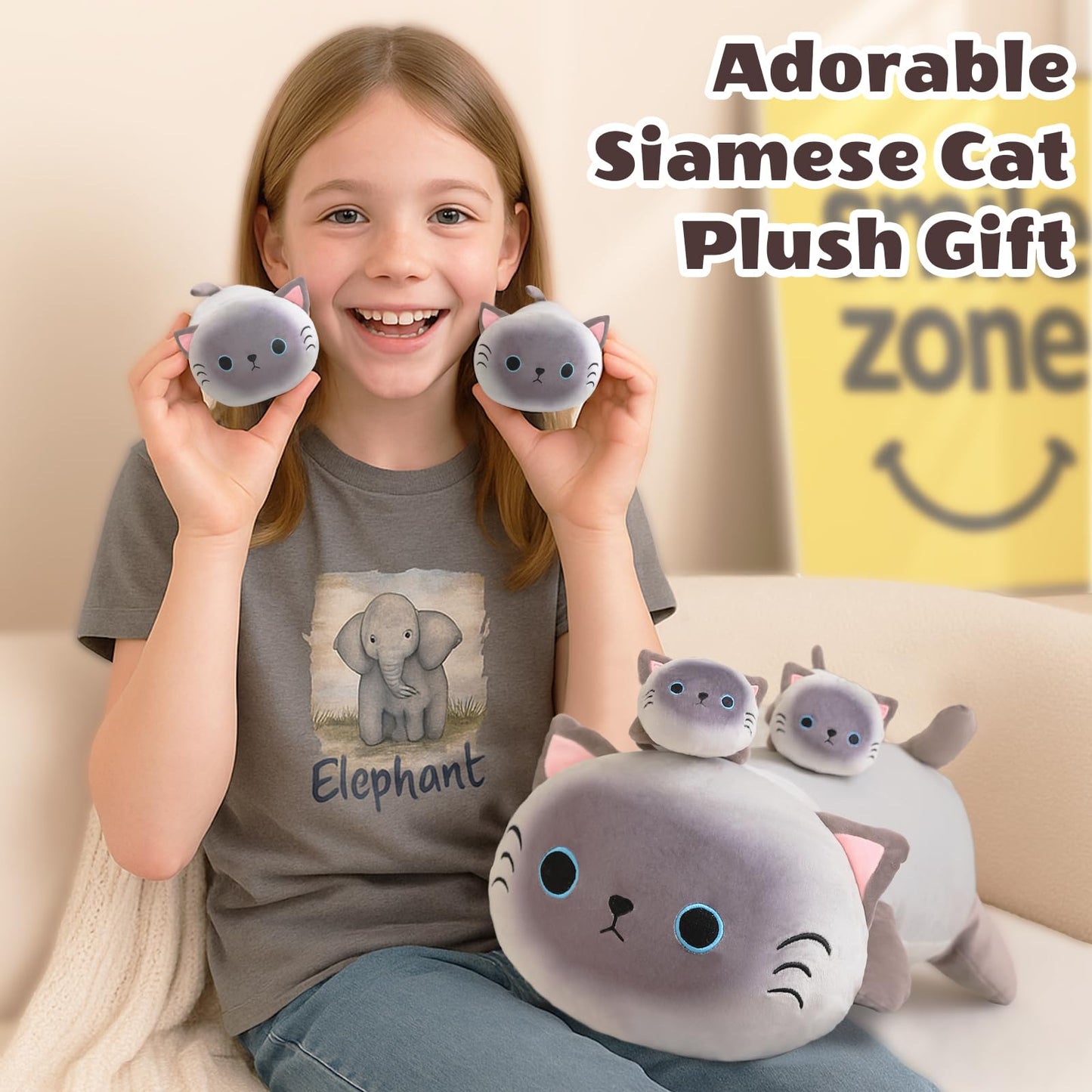 SQEQE Siamese Cat Plush 5-in-1 with 4 Babies — Soft Stuffed Animal Gift