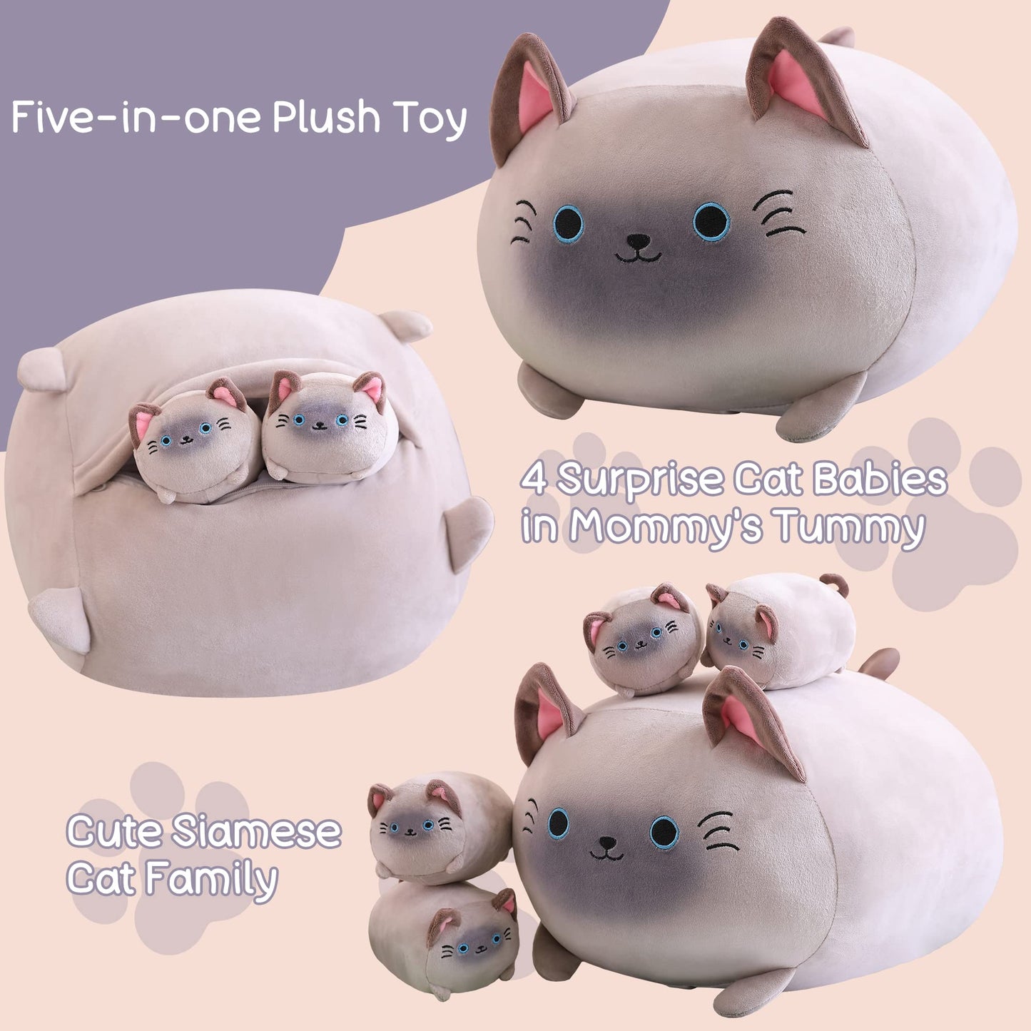 SQEQE Siamese Cat Plush – Mommy with 4 Kittens, Soft Plush Pillow Gift for Kids