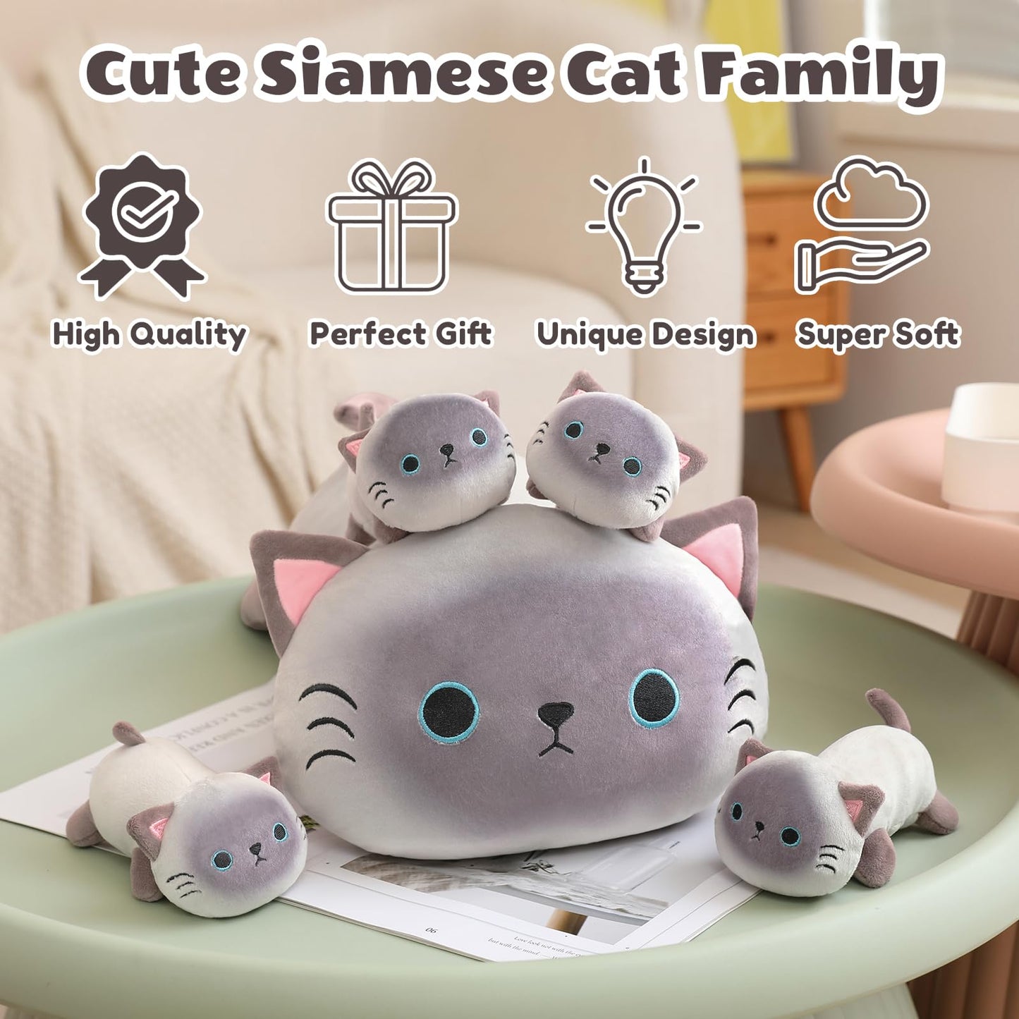 SQEQE Siamese Cat Plush 5-in-1 with 4 Babies — Soft Stuffed Animal Gift