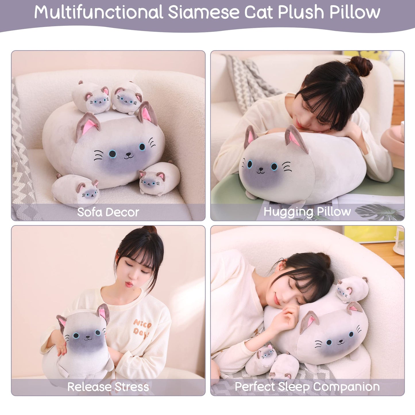 SQEQE Siamese Cat Plush – Mommy with 4 Kittens, Soft Plush Pillow Gift for Kids