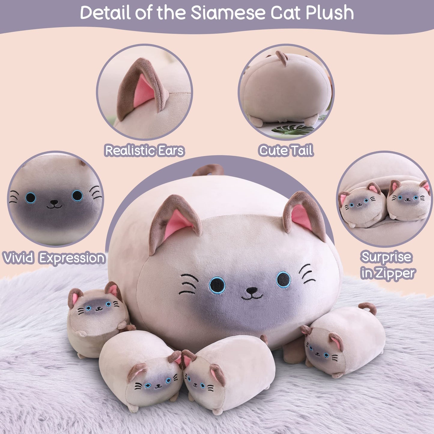 SQEQE Siamese Cat Plush – Mommy with 4 Kittens, Soft Plush Pillow Gift for Kids