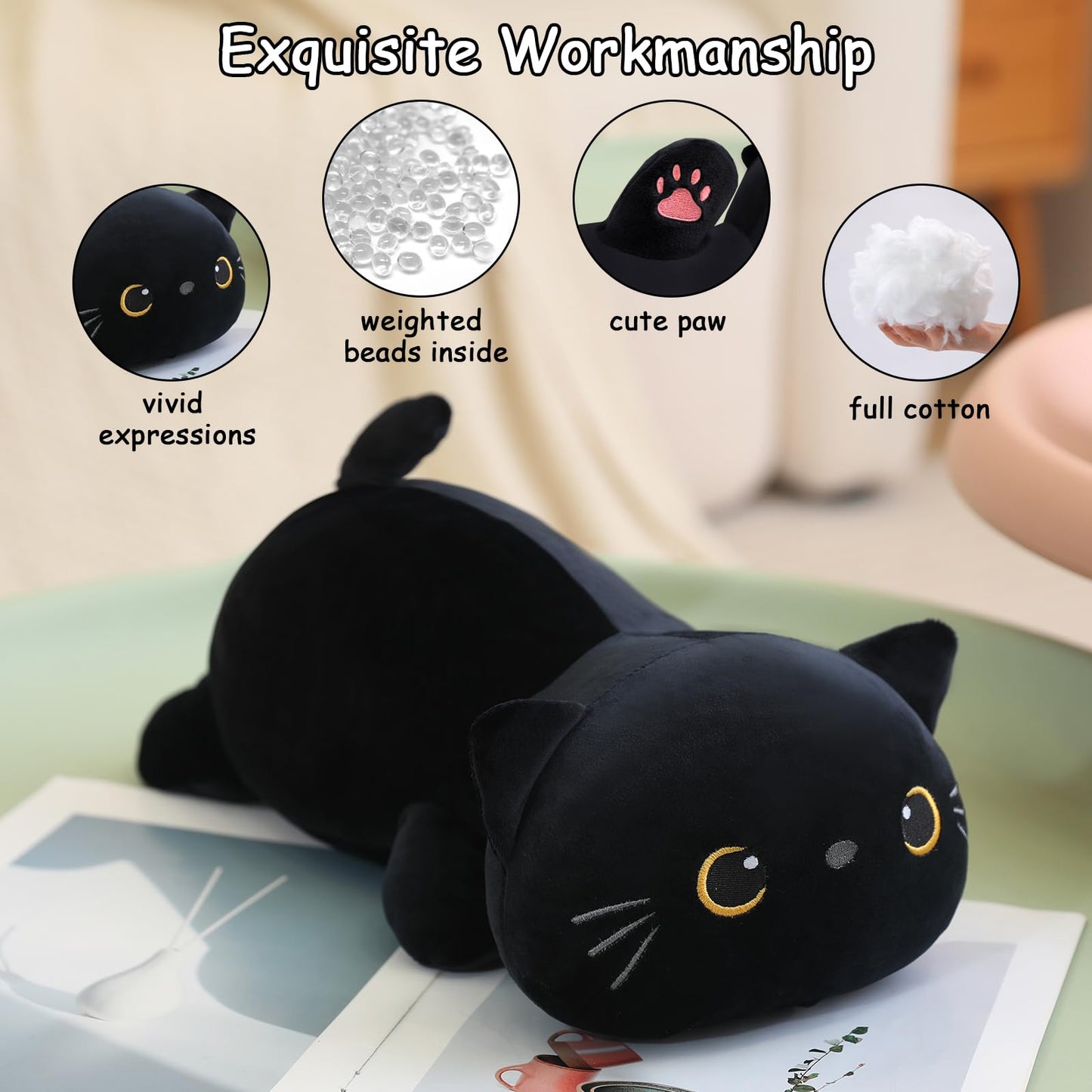 SQEQE Weighted Black Cat Plush – 13.8 Inch Soft Plush Pillow Toy, 1.6 Lbs
