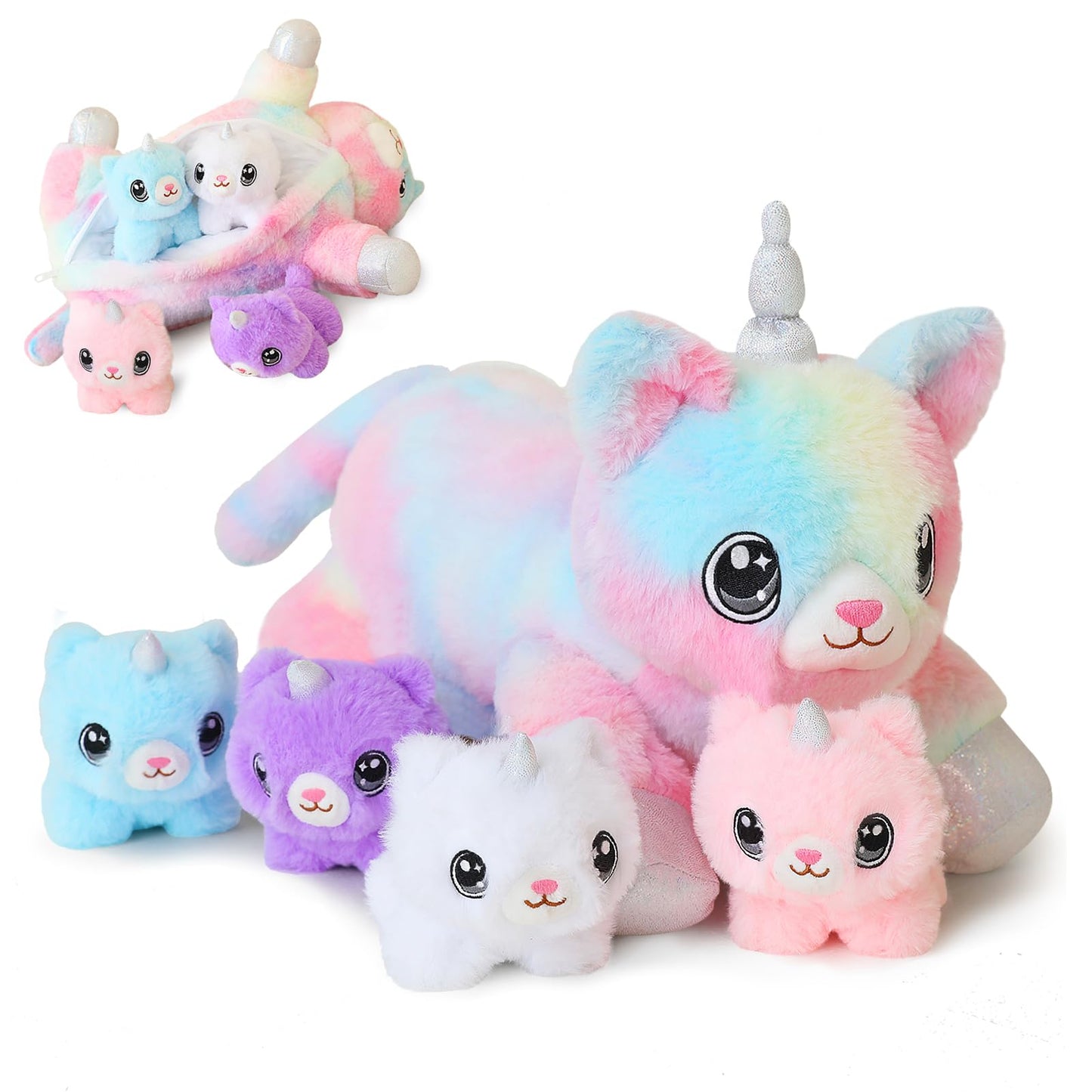 SQEQE Unicorn Cat Plush Mommy with 4 Babies – 5-in-1 Cuddly Family Toy