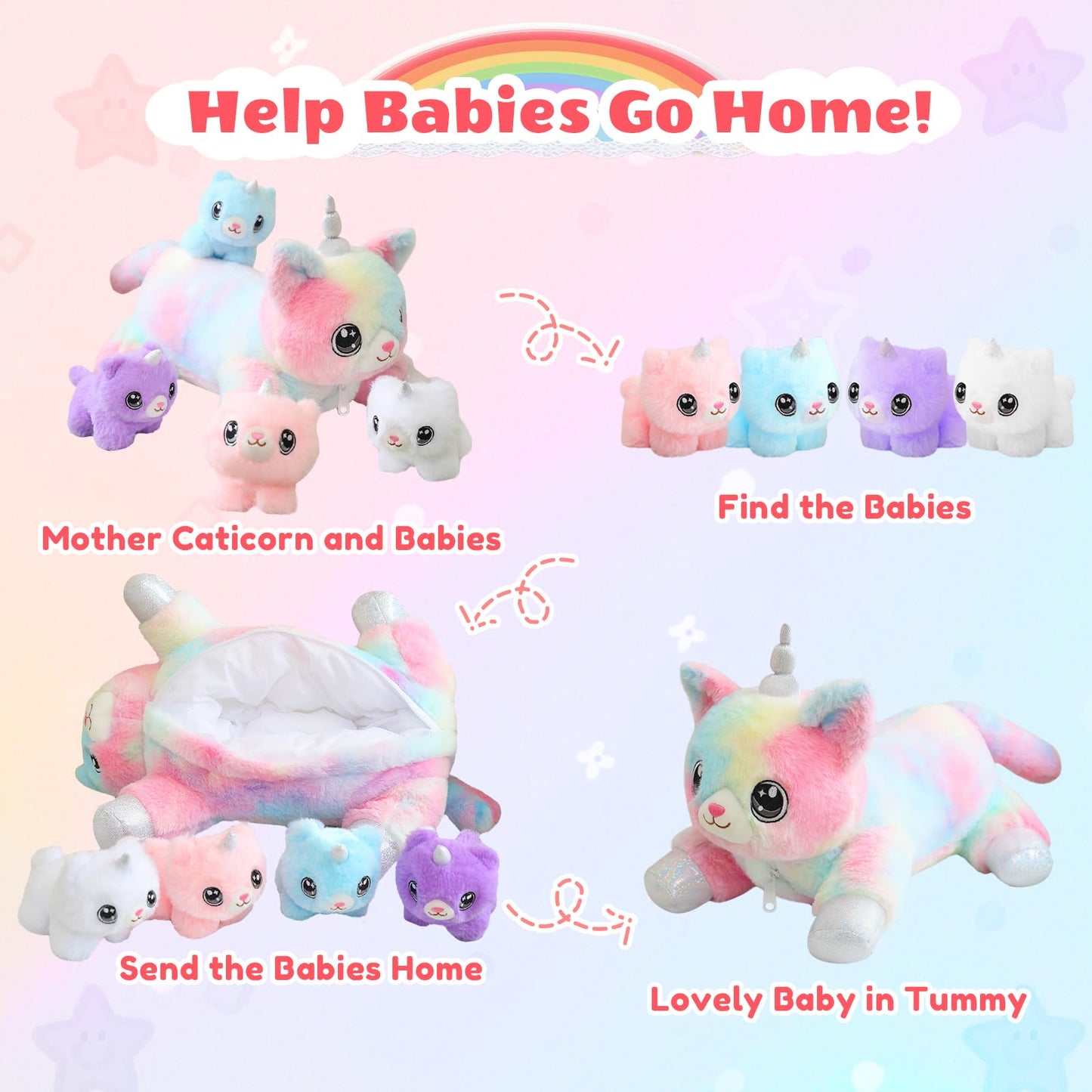 SQEQE Unicorn Cat Plush Mommy with 4 Babies – 5-in-1 Cuddly Family Toy
