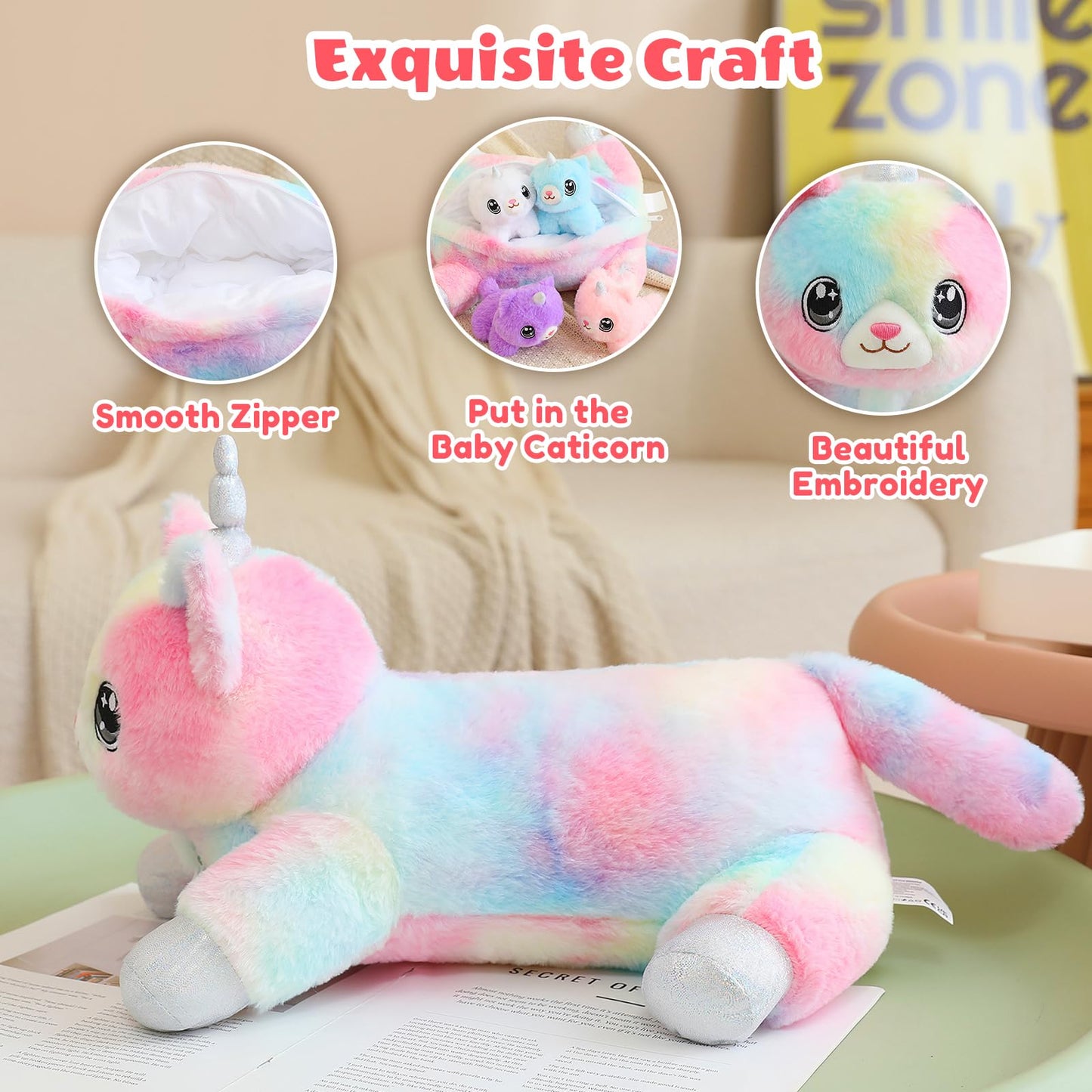 SQEQE Unicorn Cat Plush Mommy with 4 Babies – 5-in-1 Cuddly Family Toy