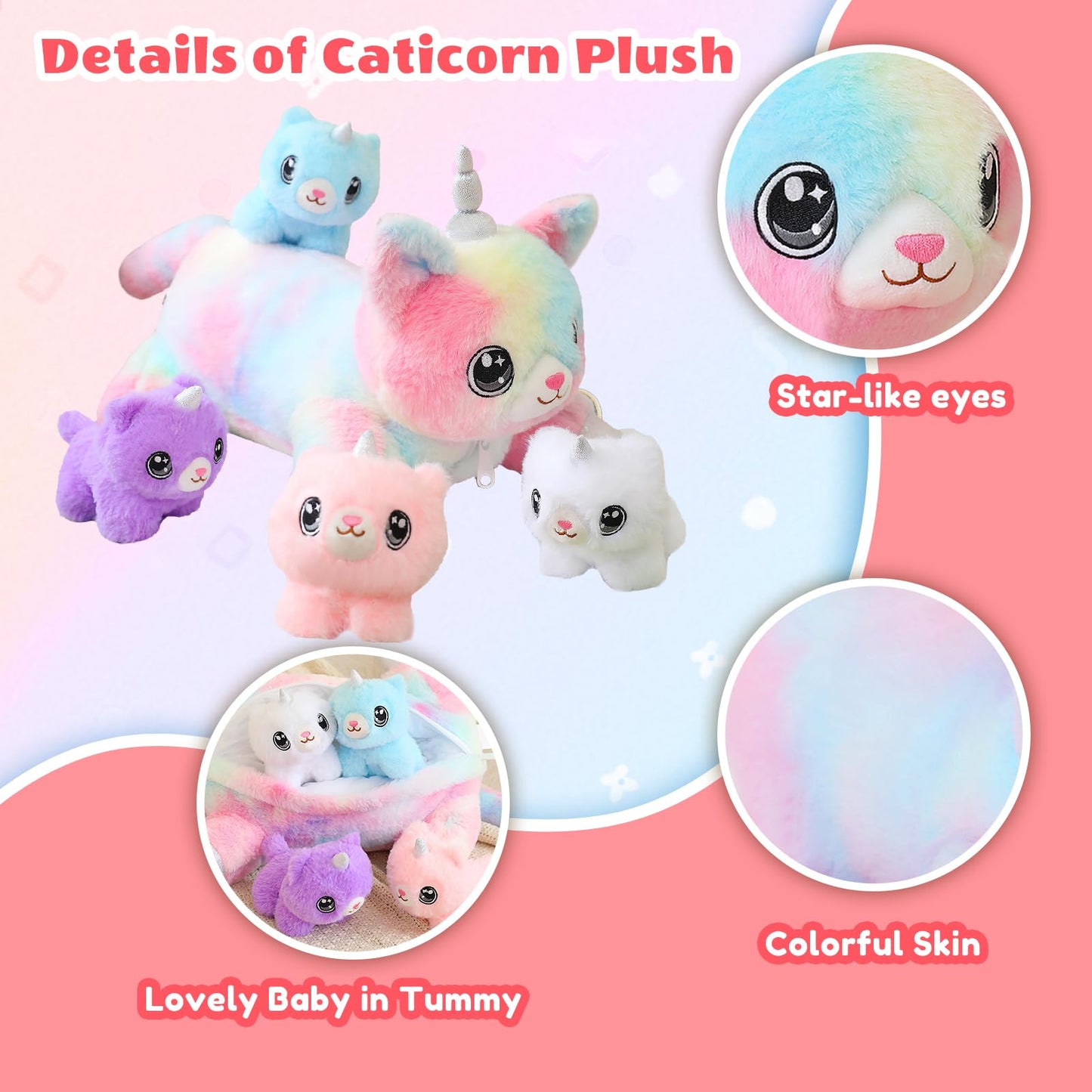 SQEQE Unicorn Cat Plush Mommy with 4 Babies – 5-in-1 Cuddly Family Toy