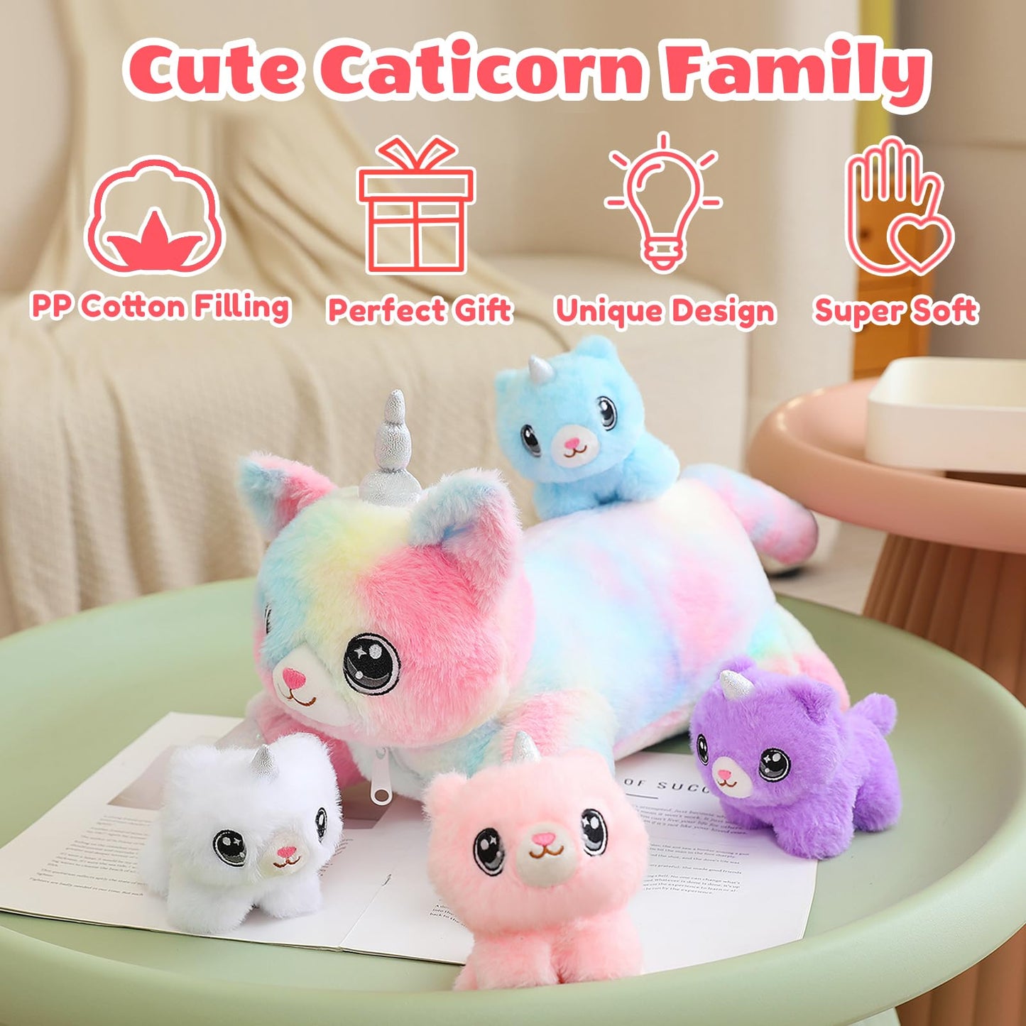 SQEQE Unicorn Cat Plush Mommy with 4 Babies – 5-in-1 Cuddly Family Toy