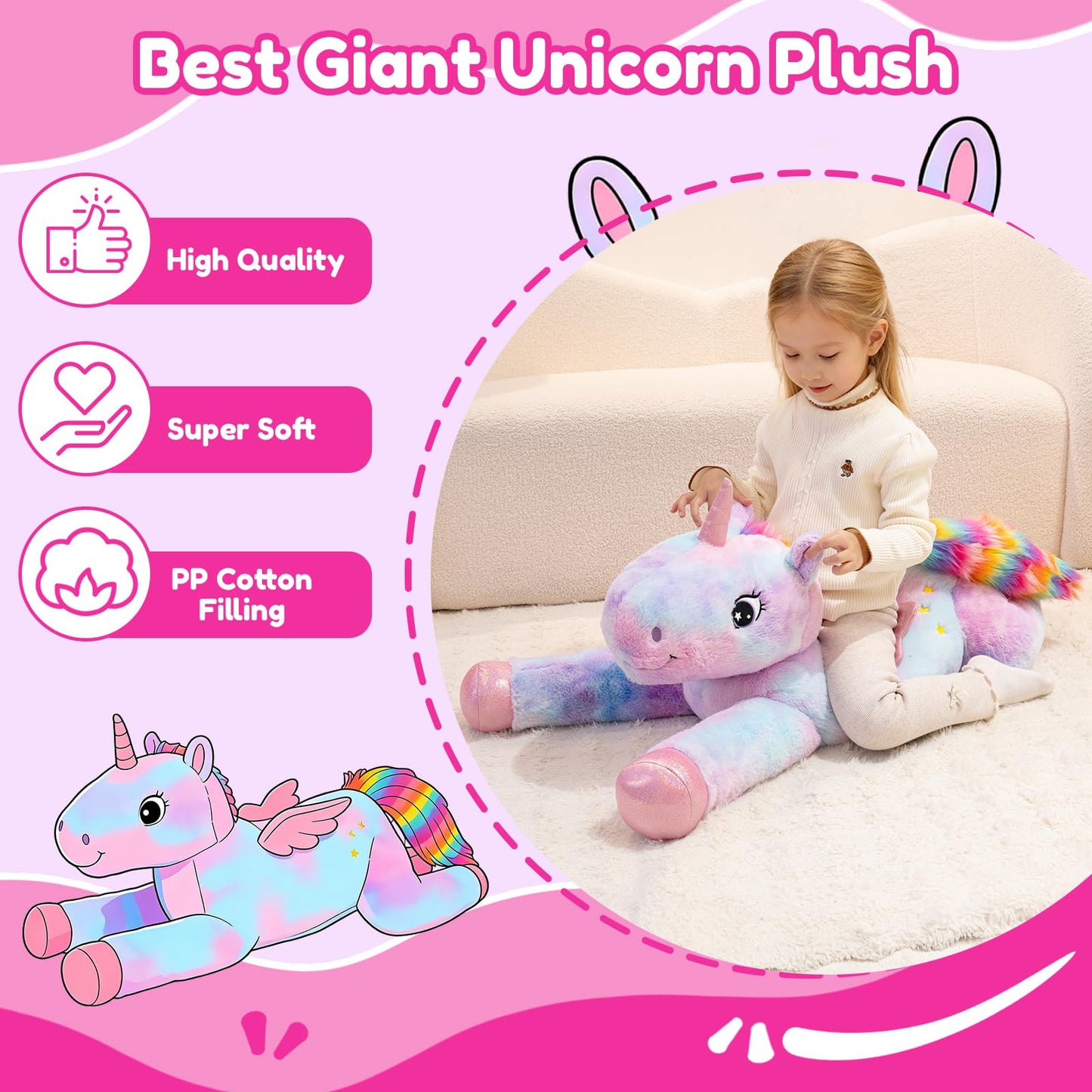 SQEQE Giant Unicorn Stuffed Animal 43-Inch - Big Plush Toy for Kids & Adults