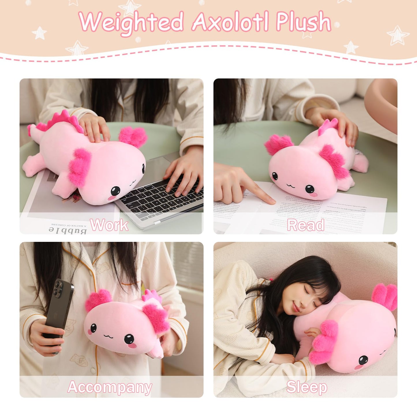 SQEQE Weighted Axolotl Plush — Soft Pink 13.8 Inch, 1.6 Lbs