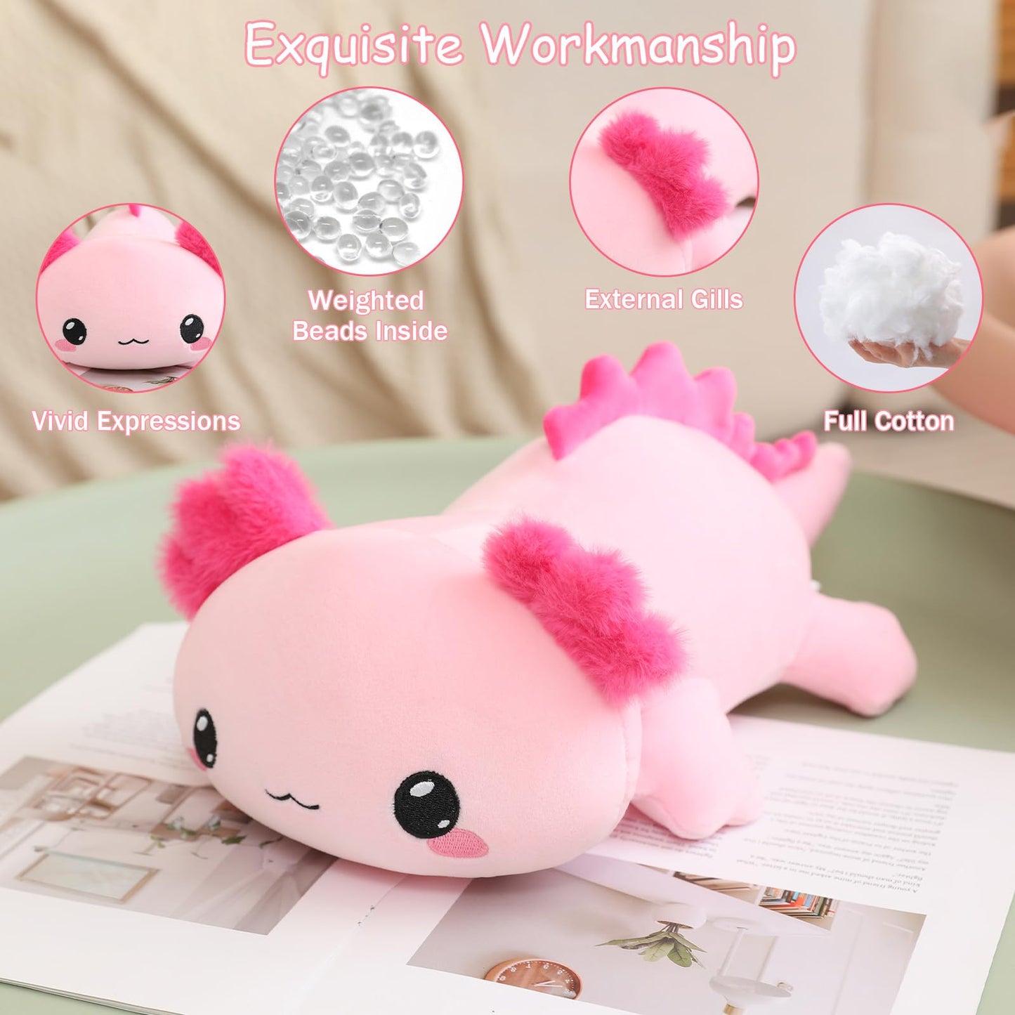 SQEQE Weighted Axolotl Plush — Soft Pink 13.8 Inch, 1.6 Lbs