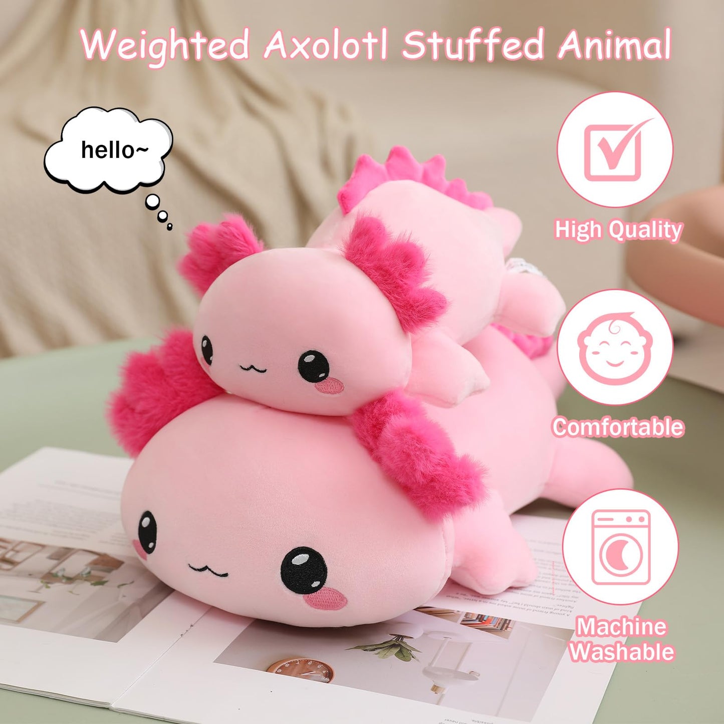 SQEQE Weighted Axolotl Plush — Soft Pink 13.8 Inch, 1.6 Lbs
