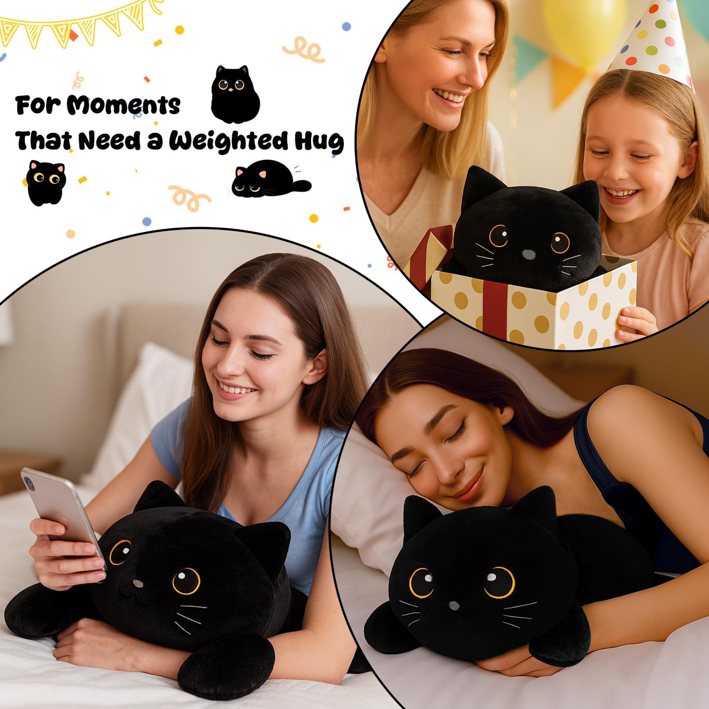 SQEQE Weighted Black Cat Plush - 13.8 Inch Cozy Weighted Stuffed Animal, 1.7 Lbs