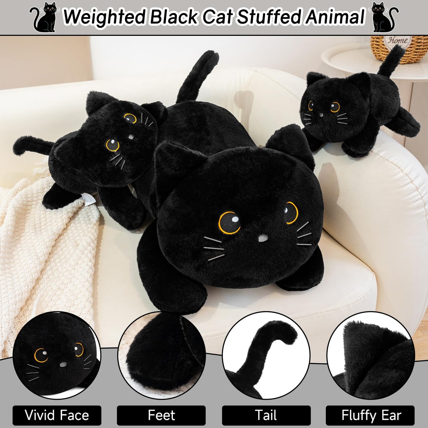 SQEQE Weighted Black Cat Plush — 23.6-Inch Cozy Pillow Toy (3.8 lbs)