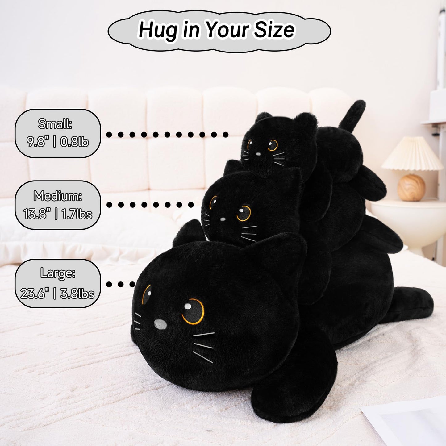 SQEQE Weighted Black Cat Plush — 23.6-Inch Cozy Pillow Toy (3.8 lbs)