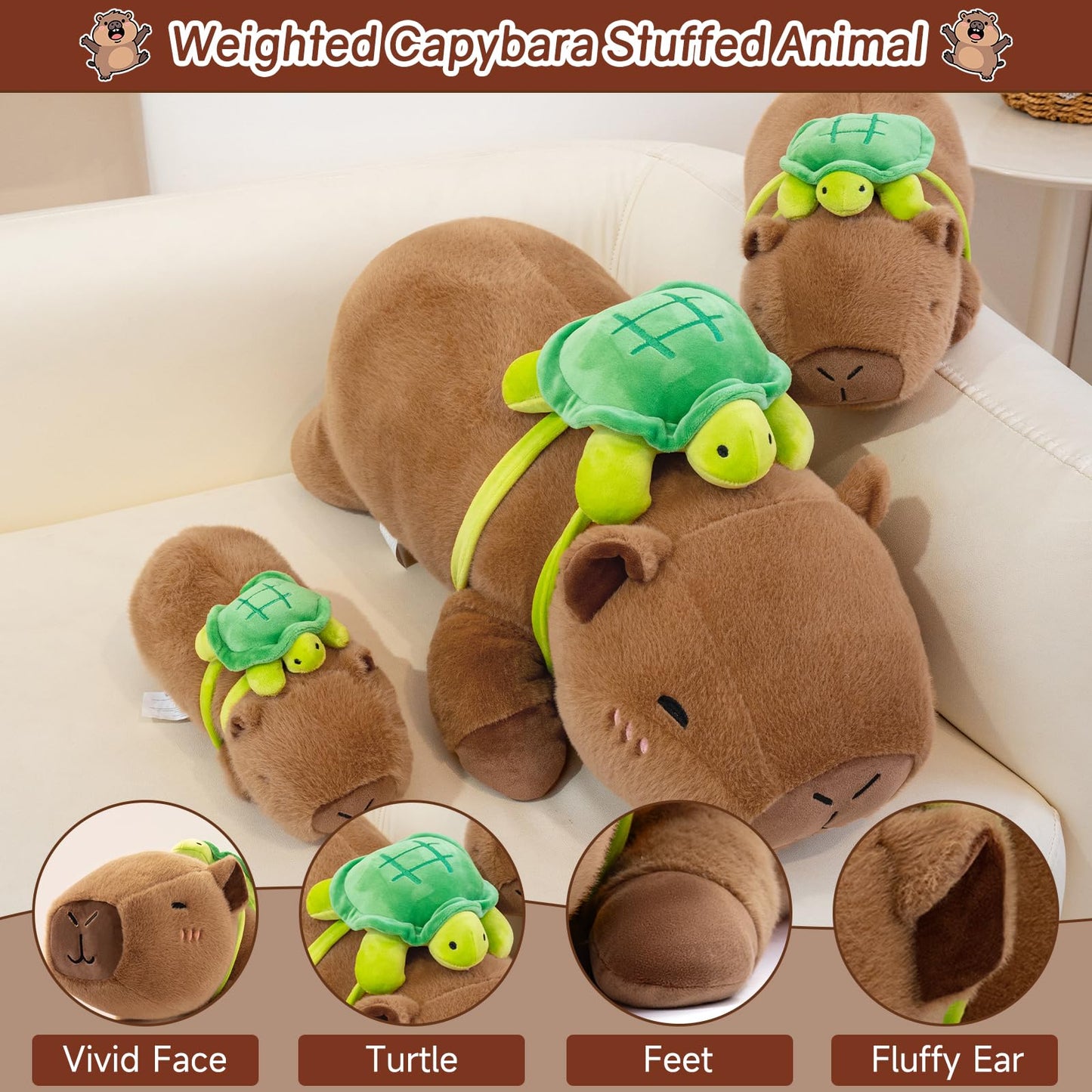 SQEQE Weighted Capybara Plush with Turtle Backpack – 13.8 in, 1.7 lb | Cozy Hug Toy for Kids & Adults