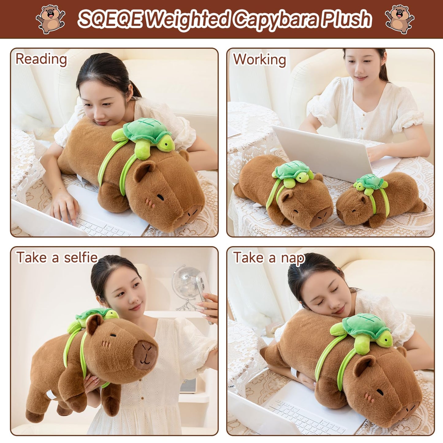 SQEQE Weighted Capybara Plush with Turtle Backpack – 13.8 in, 1.7 lb | Cozy Hug Toy for Kids & Adults