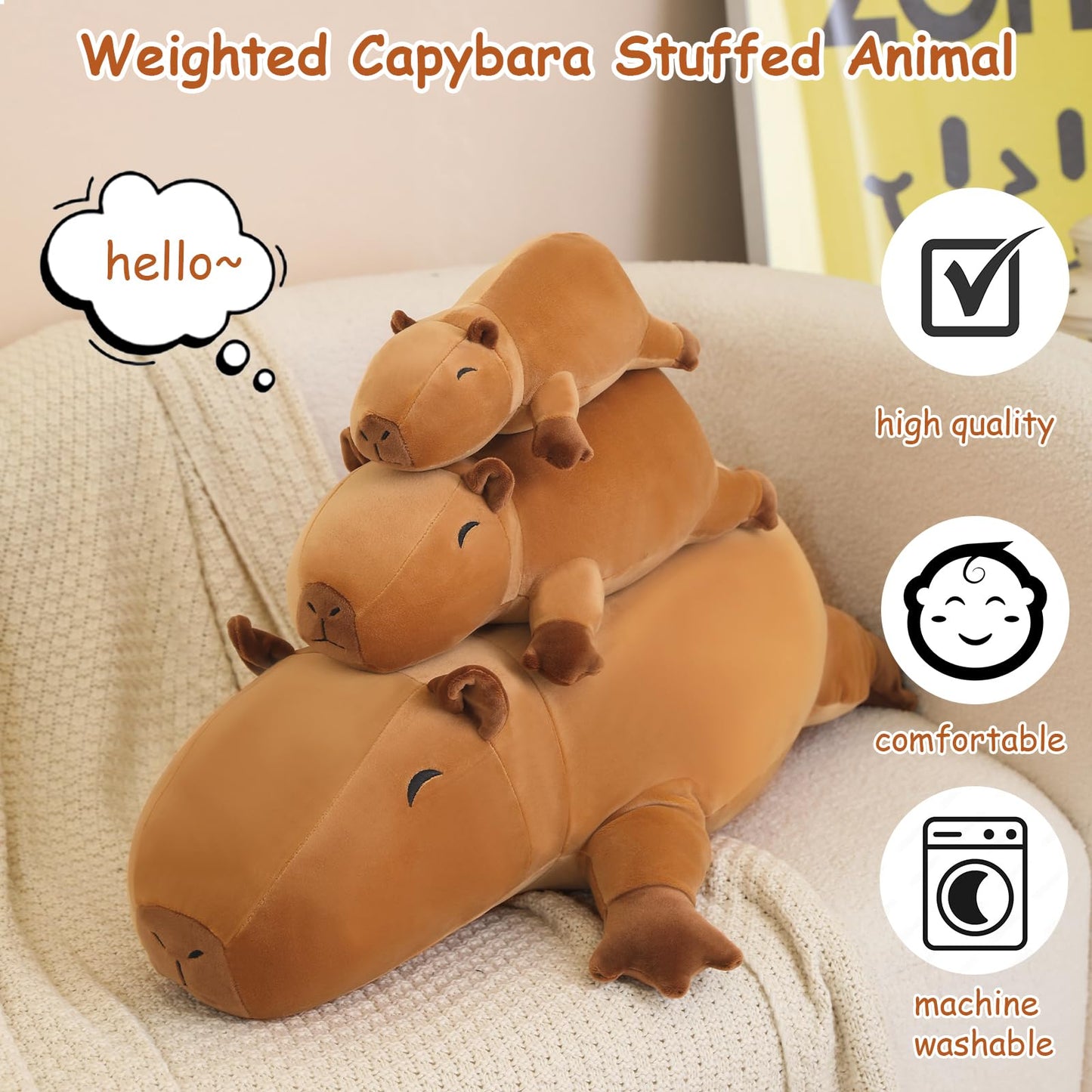SQEQE Weighted Capybara Plush 13.8 Inch - Cozy Weighted Stuffed Animal Pillow