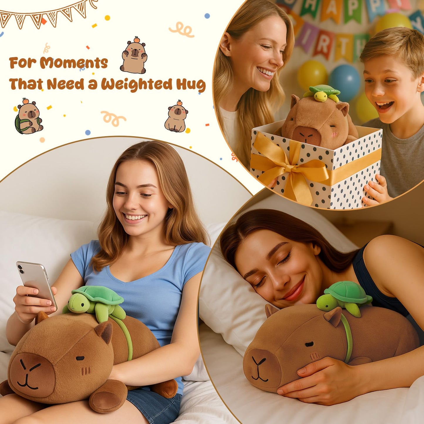 SQEQE Weighted Capybara Plush with Turtle Backpack – 13.8 in, 1.7 lb | Cozy Hug Toy for Kids & Adults