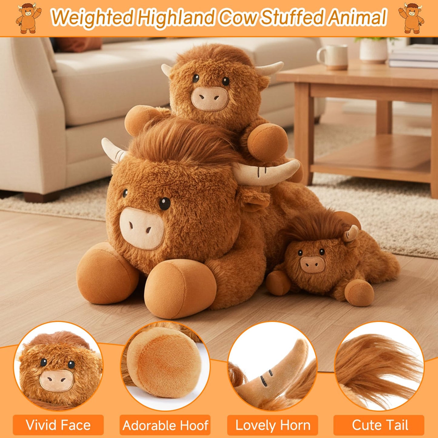 SQEQE Weighted Highland Cow Plush — 13.8-Inch Cozy Weighted Stuffed Animal (1.7 Lbs)