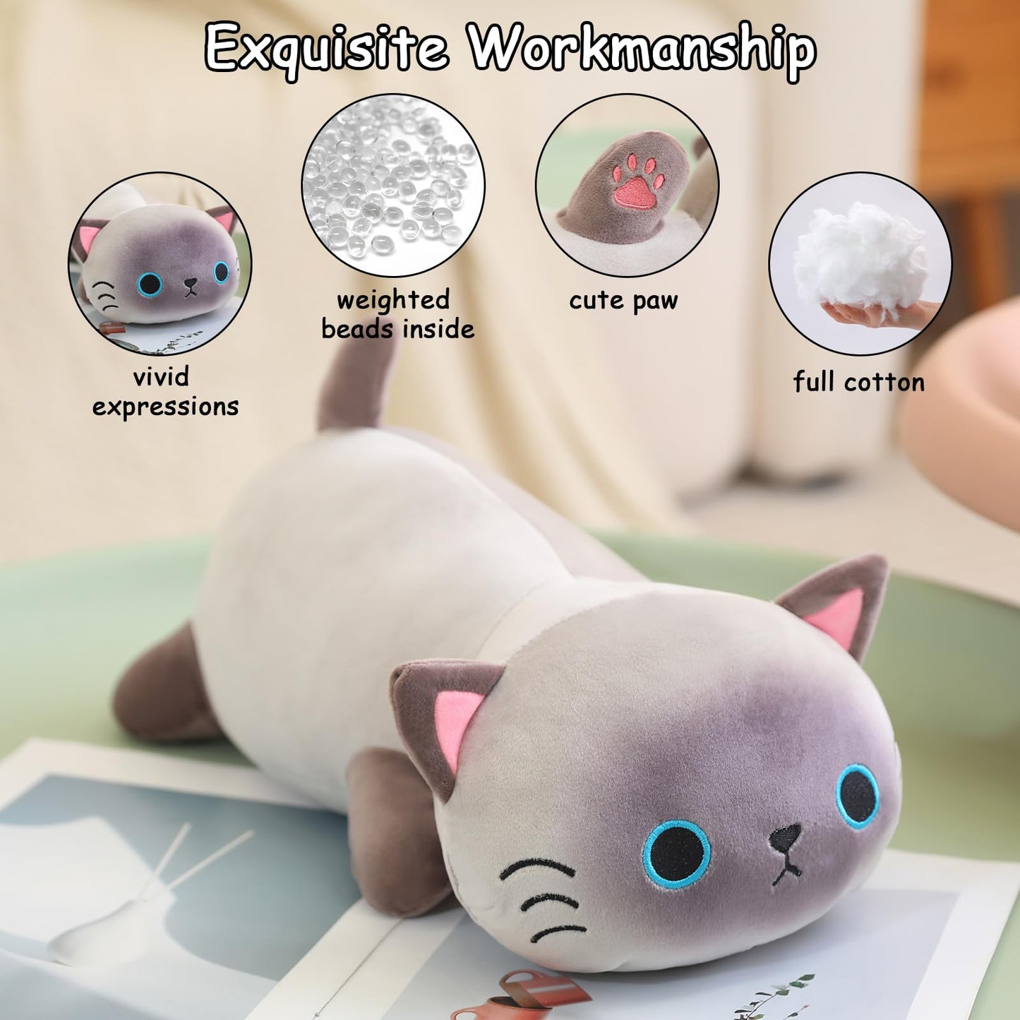SQEQE Weighted Siamese Cat Plush – 13.8-Inch Pillow Toy, 1.6-Lb