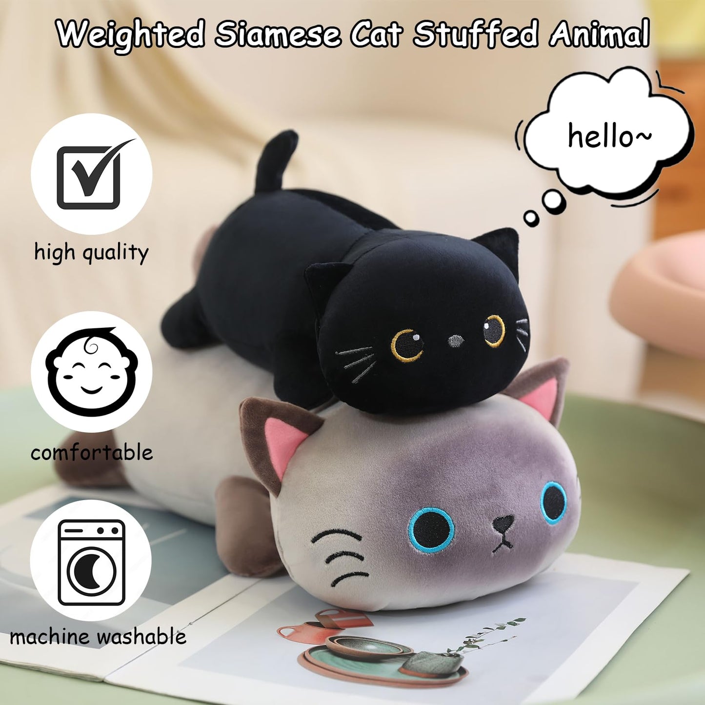 SQEQE Weighted Siamese Cat Plush – 13.8-Inch Pillow Toy, 1.6-Lb