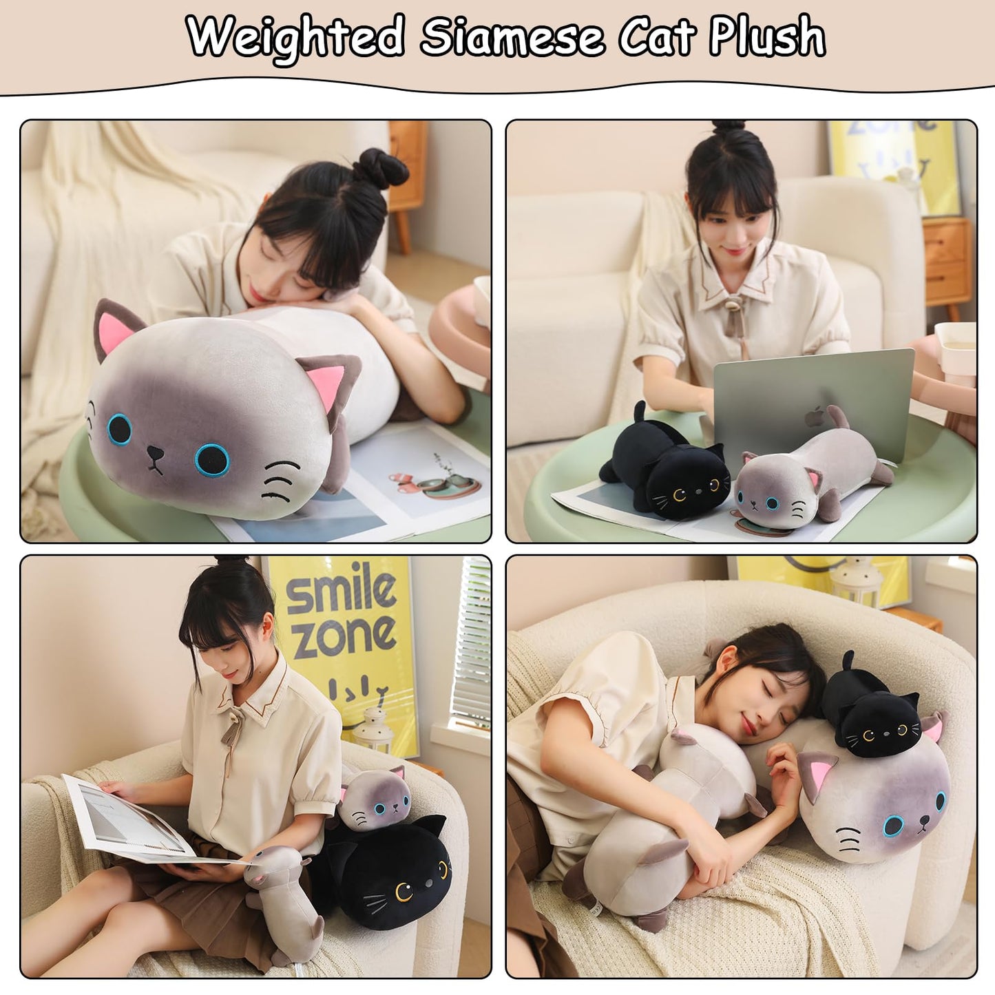 SQEQE Weighted Siamese Cat Plush — 23.6 Inch Soft Pillow & Weighted Stuffed Animal