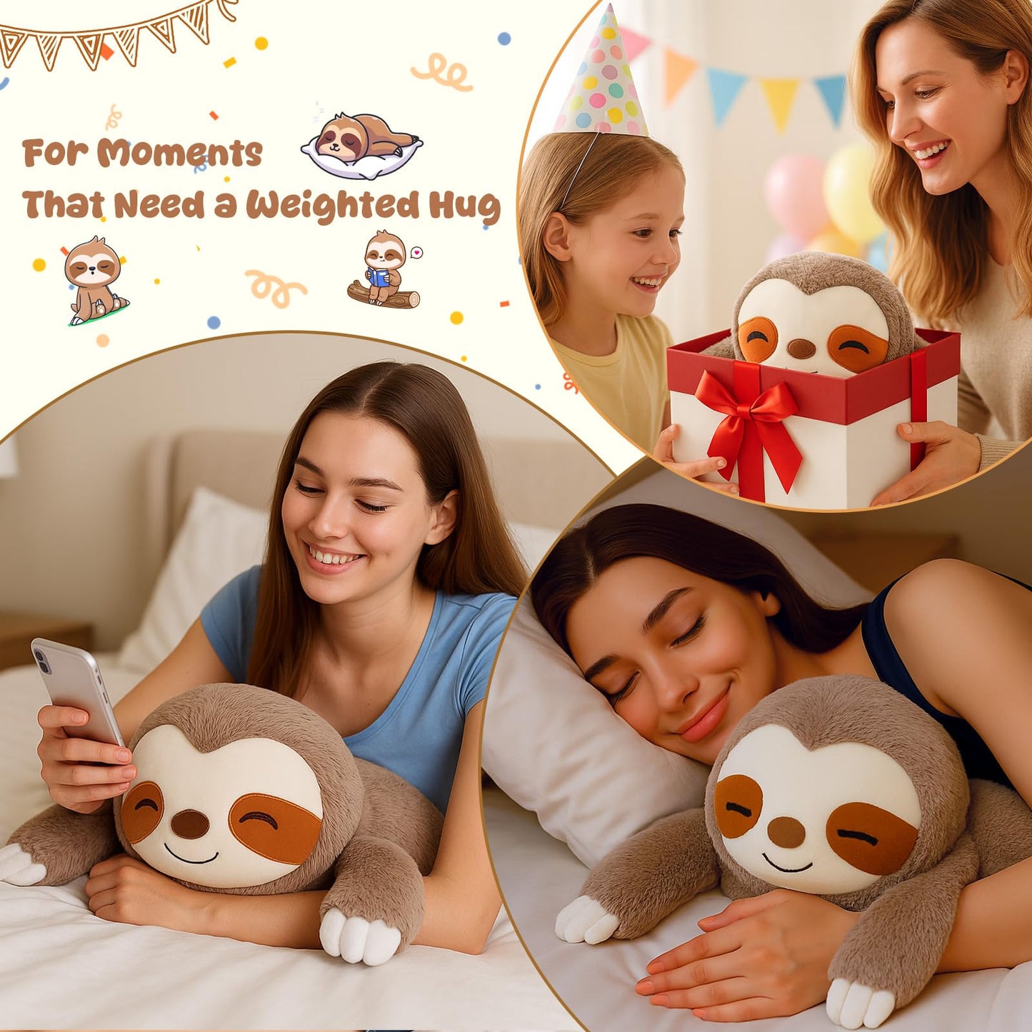 SQEQE Weighted Sloth Plush 23.6in | Soft Pillow Toy, 3.8 Lbs - Cozy Hug for Kids & Adults