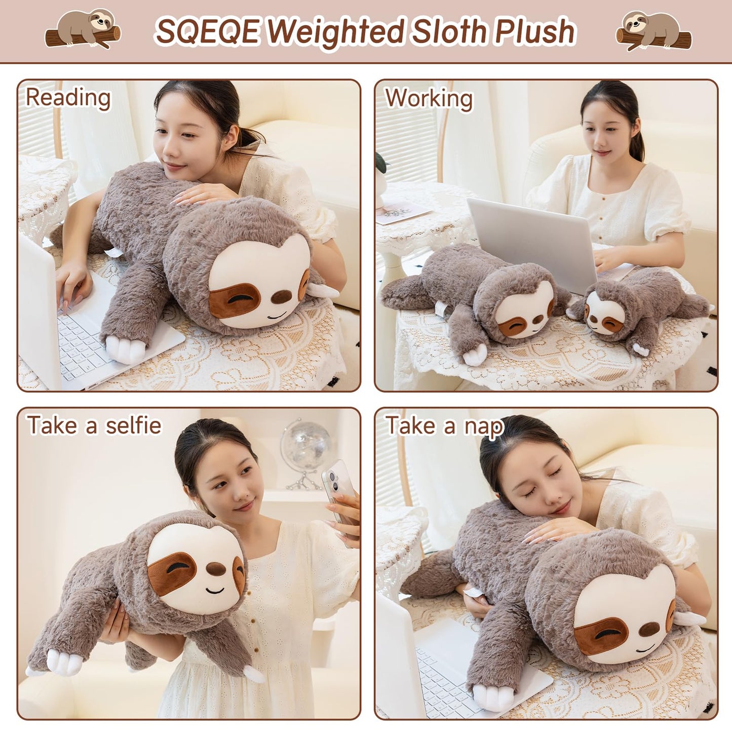 SQEQE Weighted Sloth Plush 23.6in | Soft Pillow Toy, 3.8 Lbs - Cozy Hug for Kids & Adults