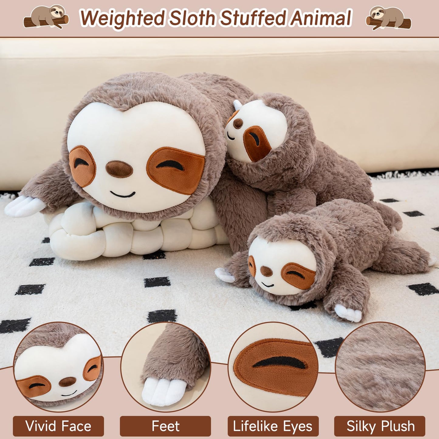 SQEQE Weighted Sloth Plush 23.6in | Soft Pillow Toy, 3.8 Lbs - Cozy Hug for Kids & Adults