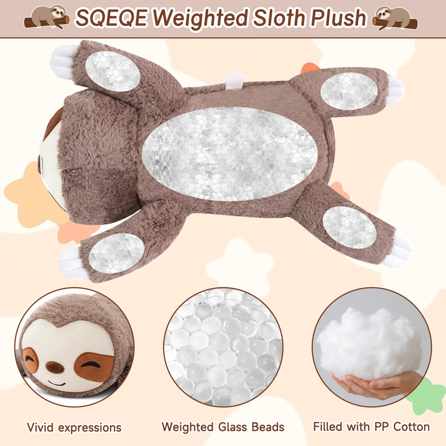 SQEQE Weighted Sloth Plush — 13.8in, 1.7lb | Soft Pillow Toy for Kids & Adults, Gift Idea