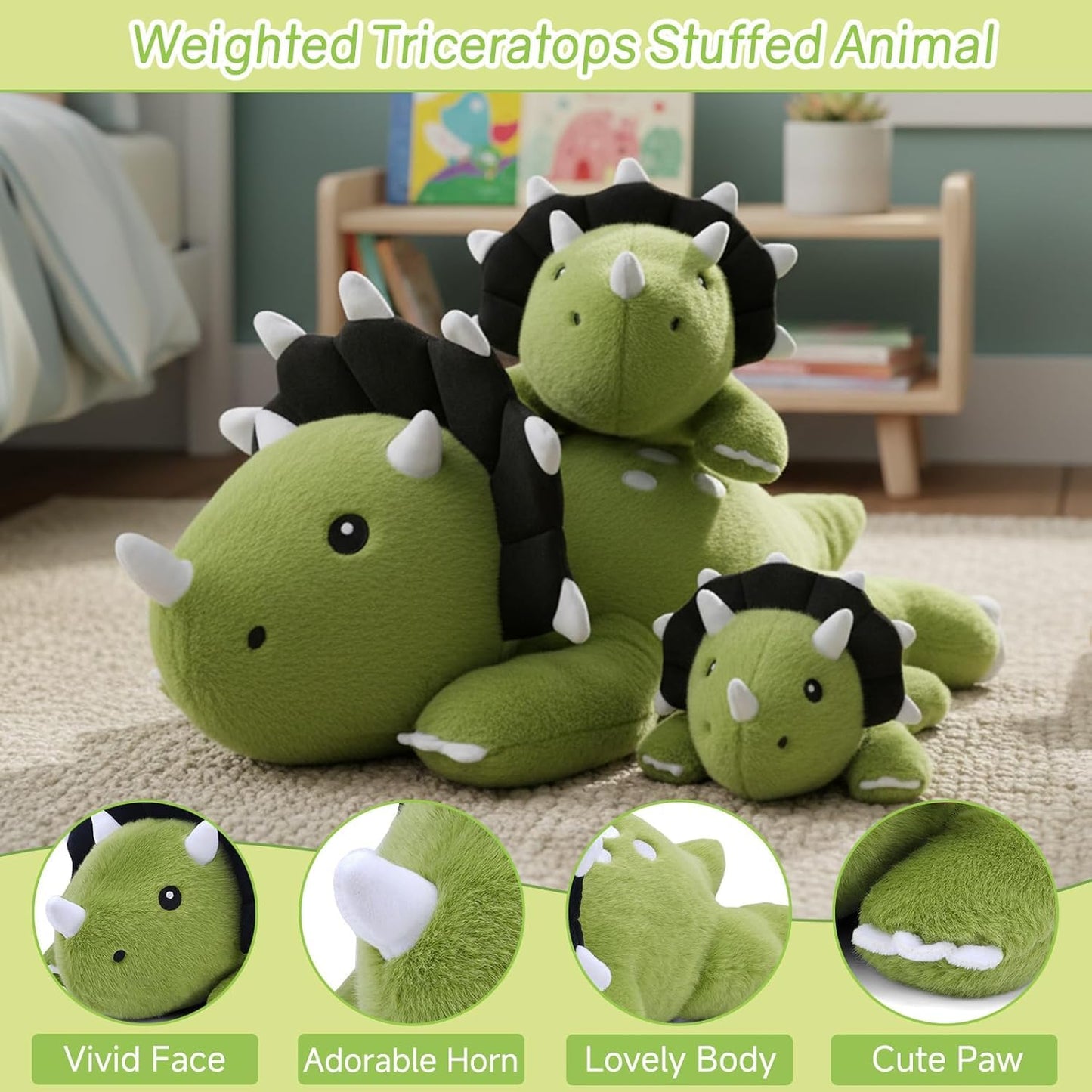 SQEQE Weighted Triceratops Plush — 23.6 Inch Huggable Dinosaur