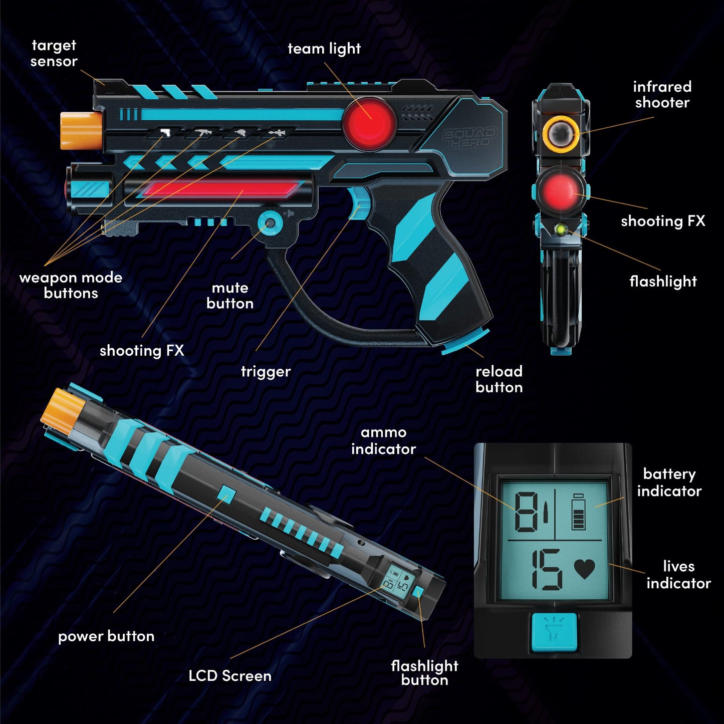Squad Hero Rechargeable Laser Tag Set of 4 - 360° Sensors + LCD HUD