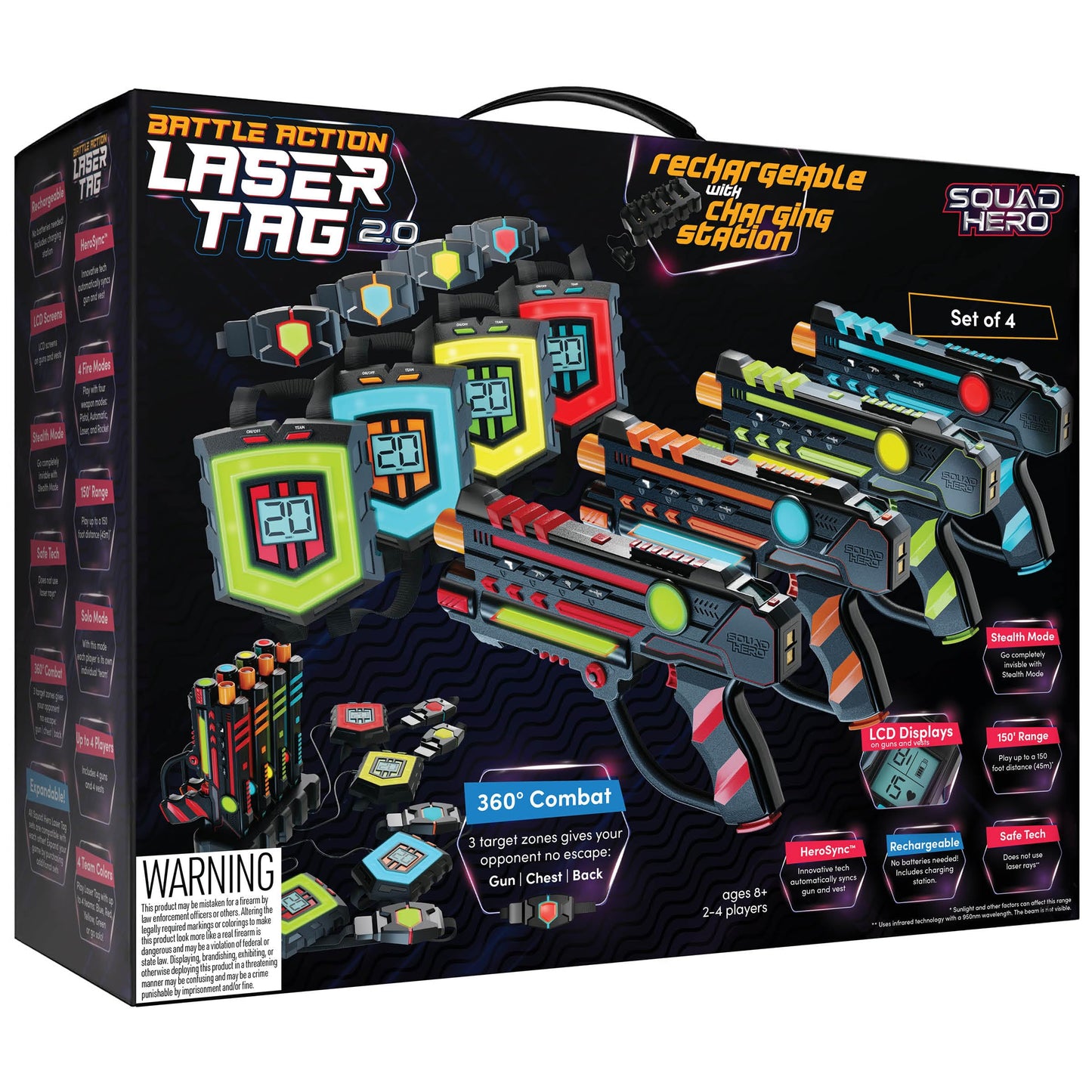 Squad Hero Rechargeable Laser Tag Set of 4 - 360° Sensors + LCD HUD