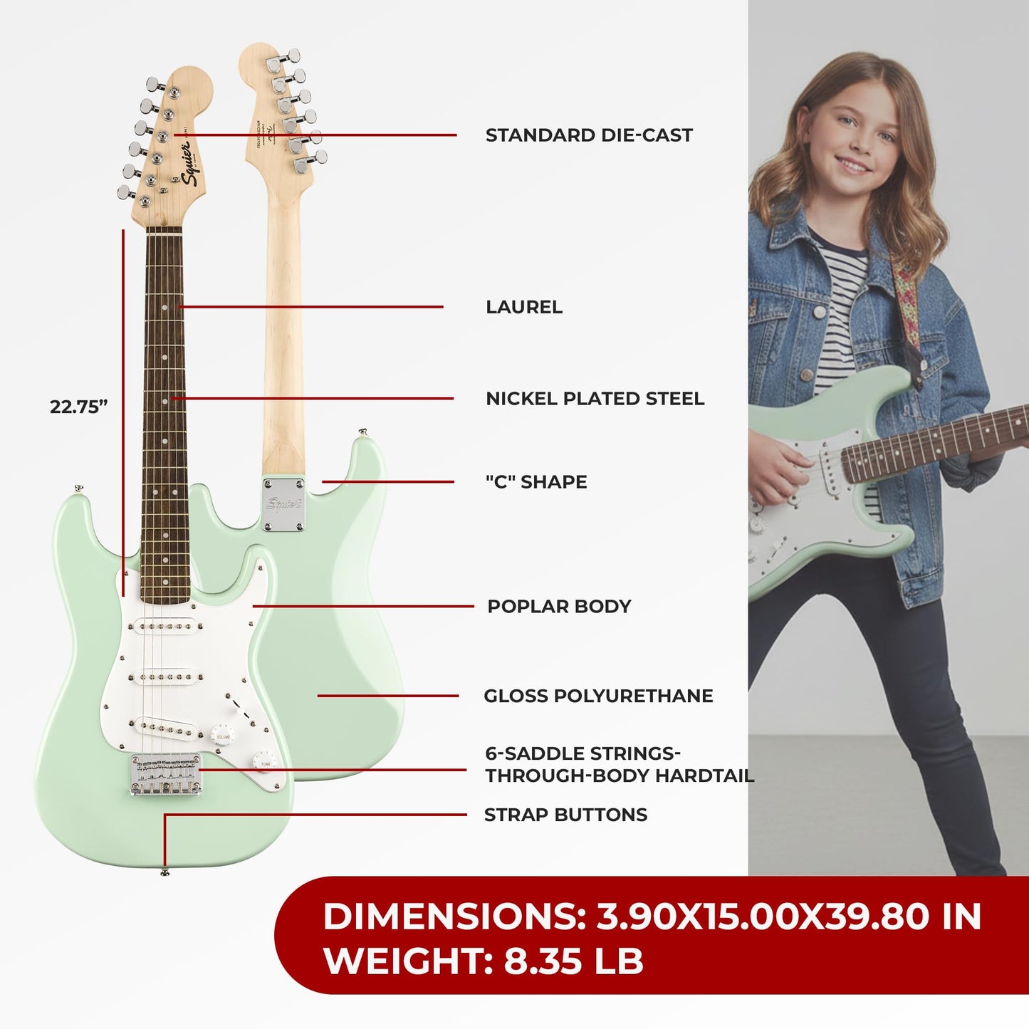 Squier Mini Strat 3/4-Size Surf Green Bundle – Amp, Lessons, and Accessories
